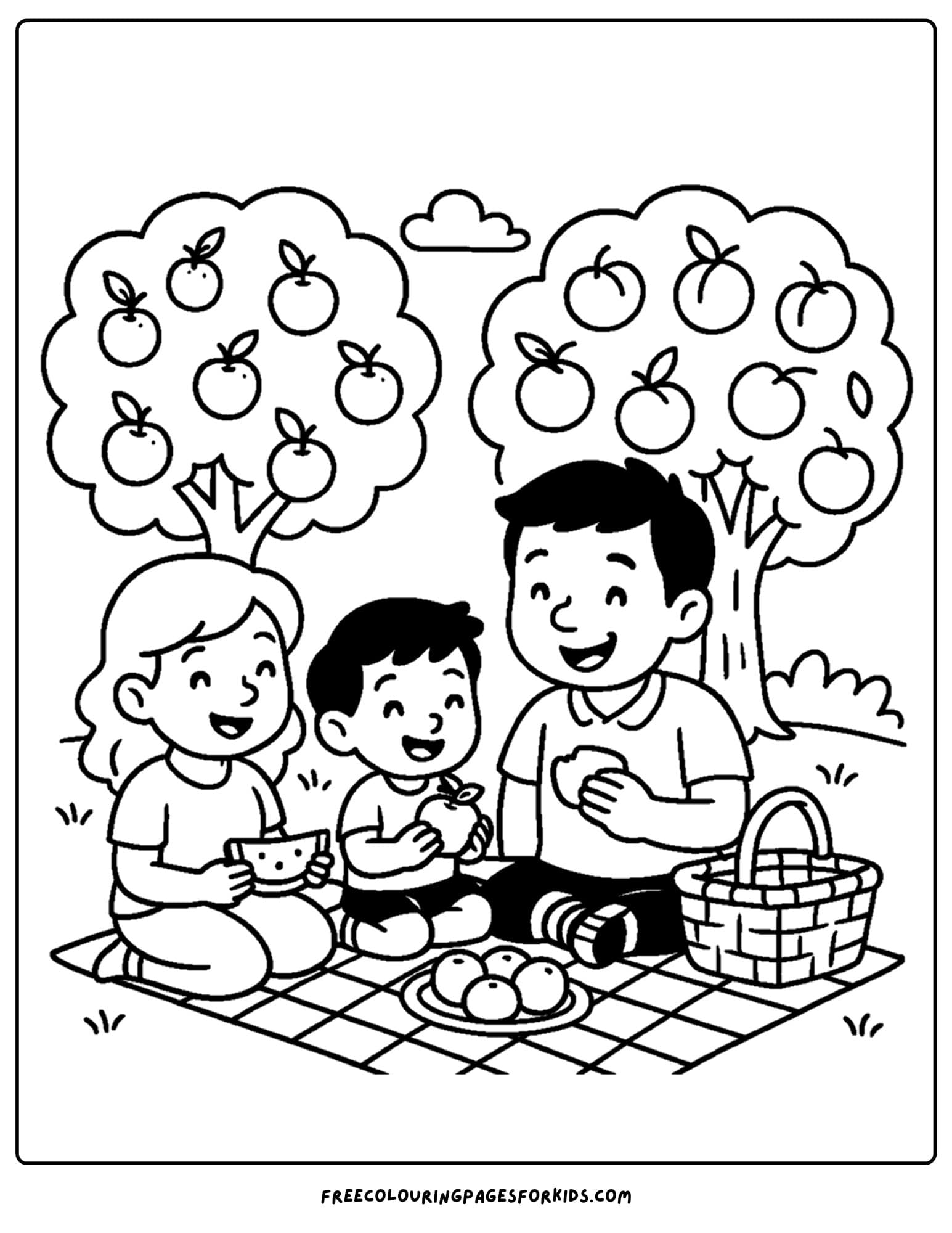 an orchard themed coloring page featuring a family picnic under some fruit trees