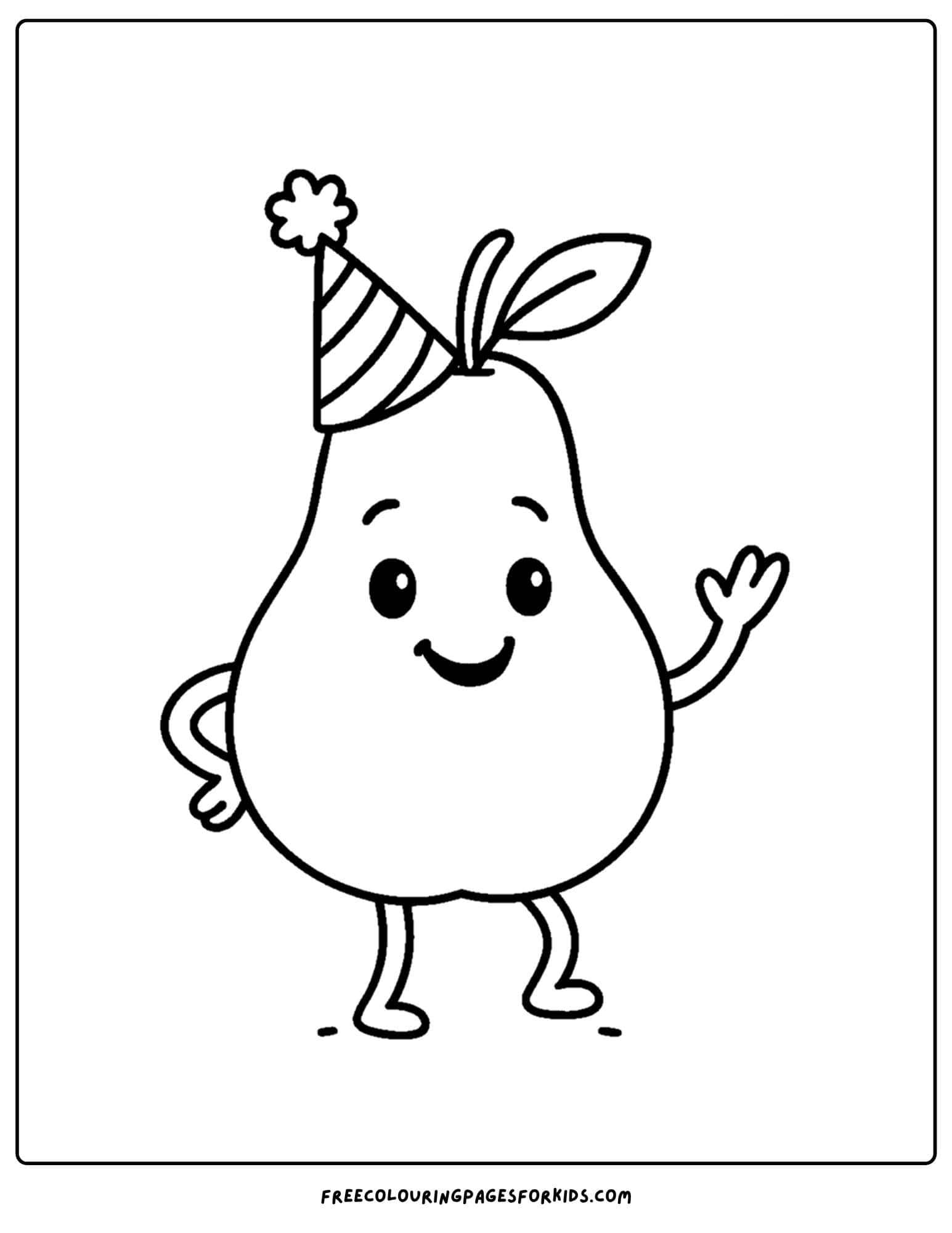 an orchard themed coloring page featuring a pear wearing a party hat