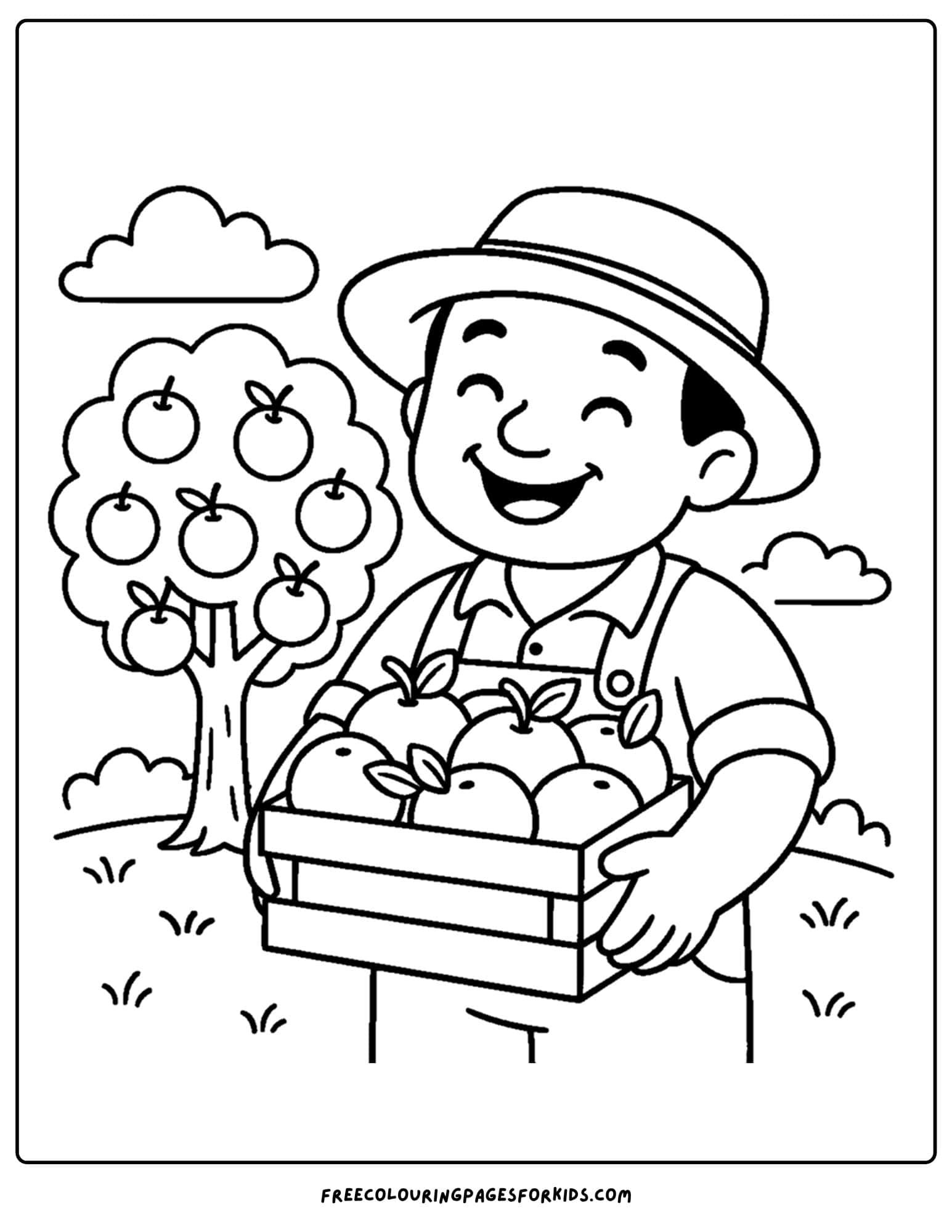 an orchard themed coloring page featuring a farmer holding a crate of oranges