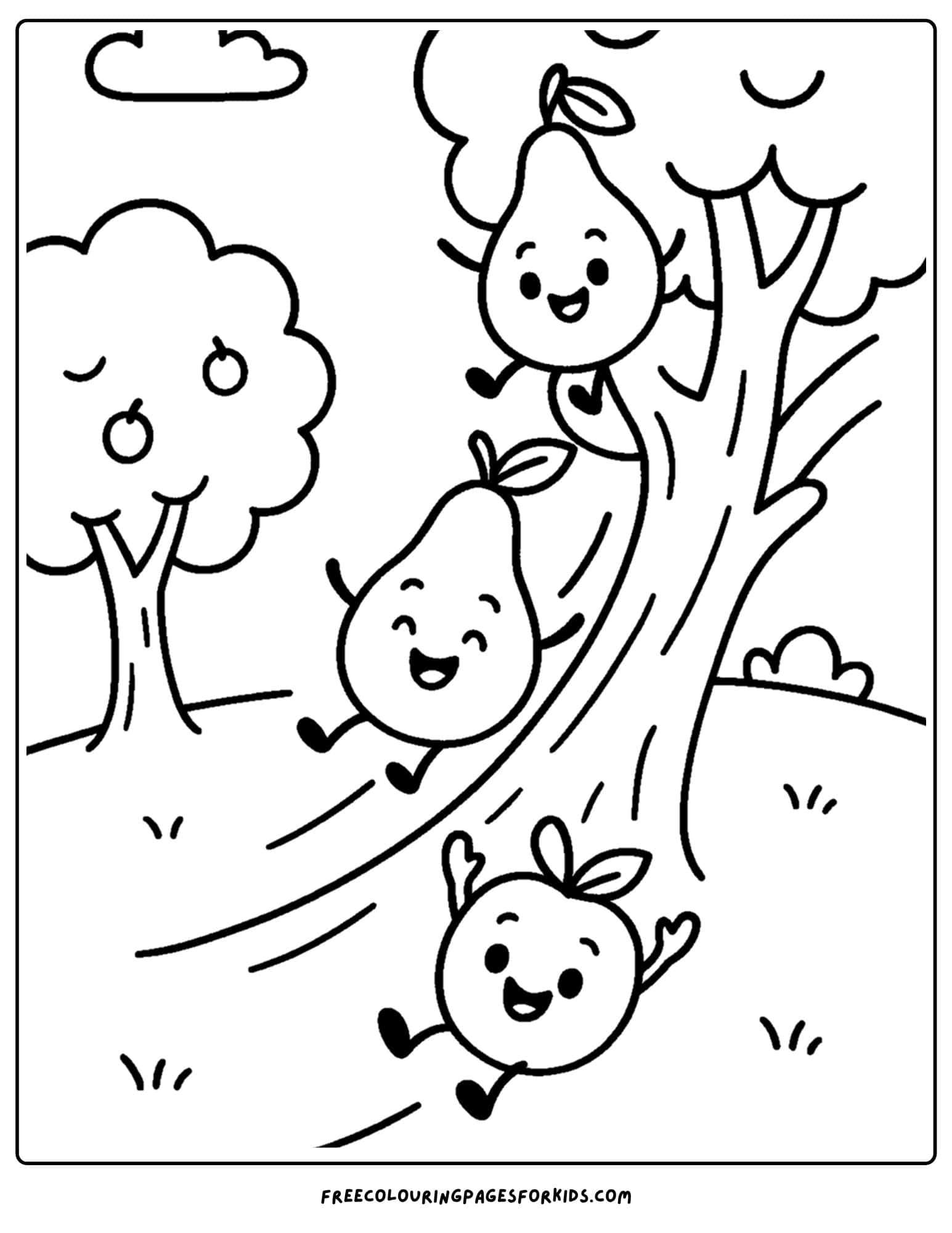 an orchard themed coloring page featuring fruit sliding down a tree branch