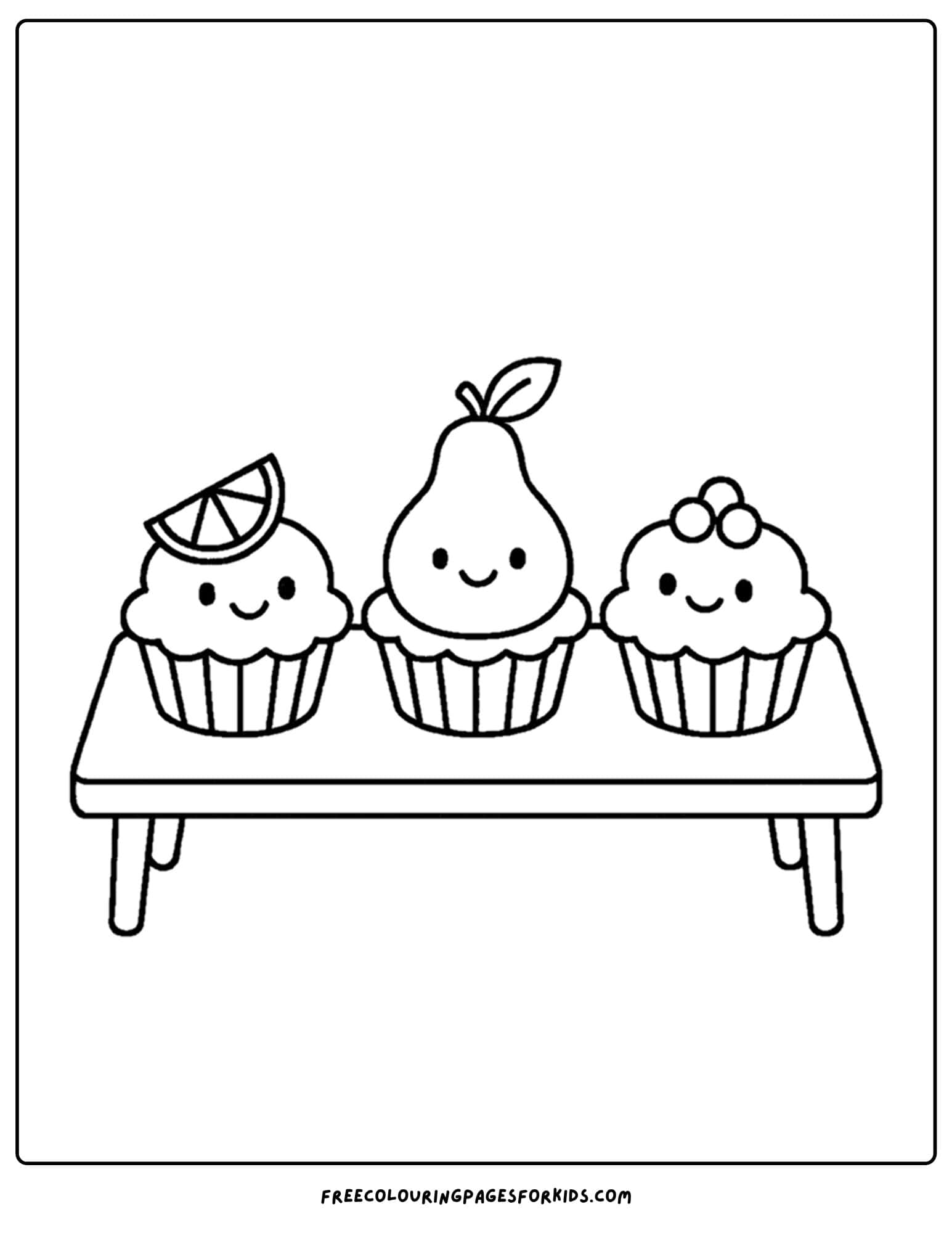 an orchard themed coloring page featuring smiling fruit tarts on a table