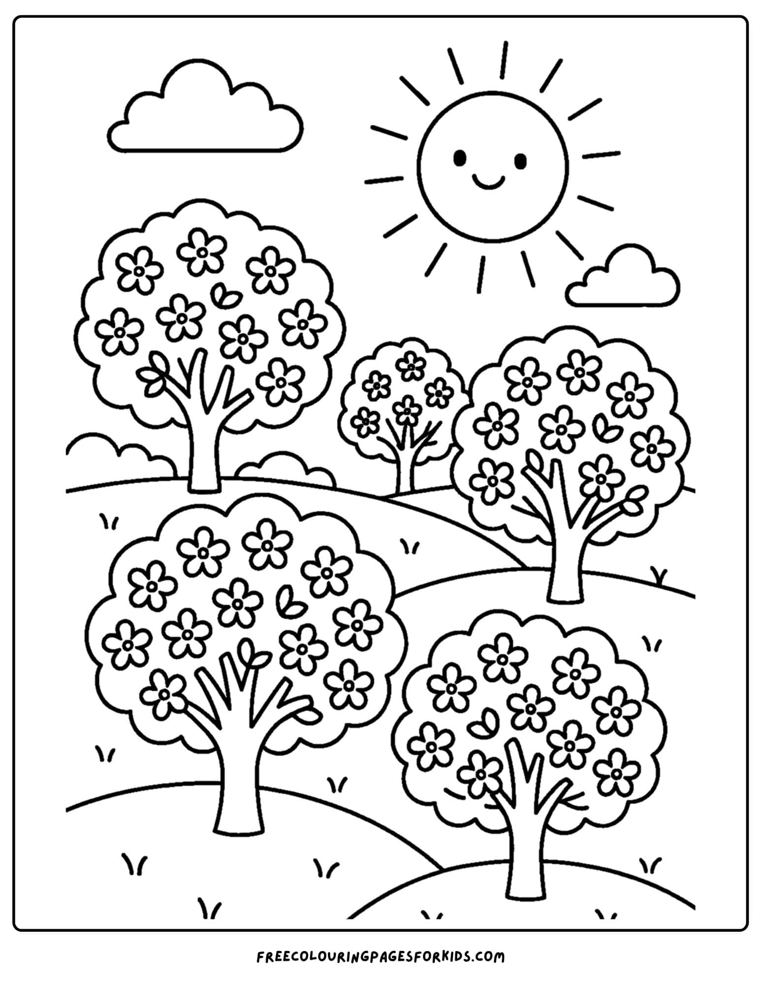 an orchard themed coloring page featuring a a sunny sky and blooming fruit trees