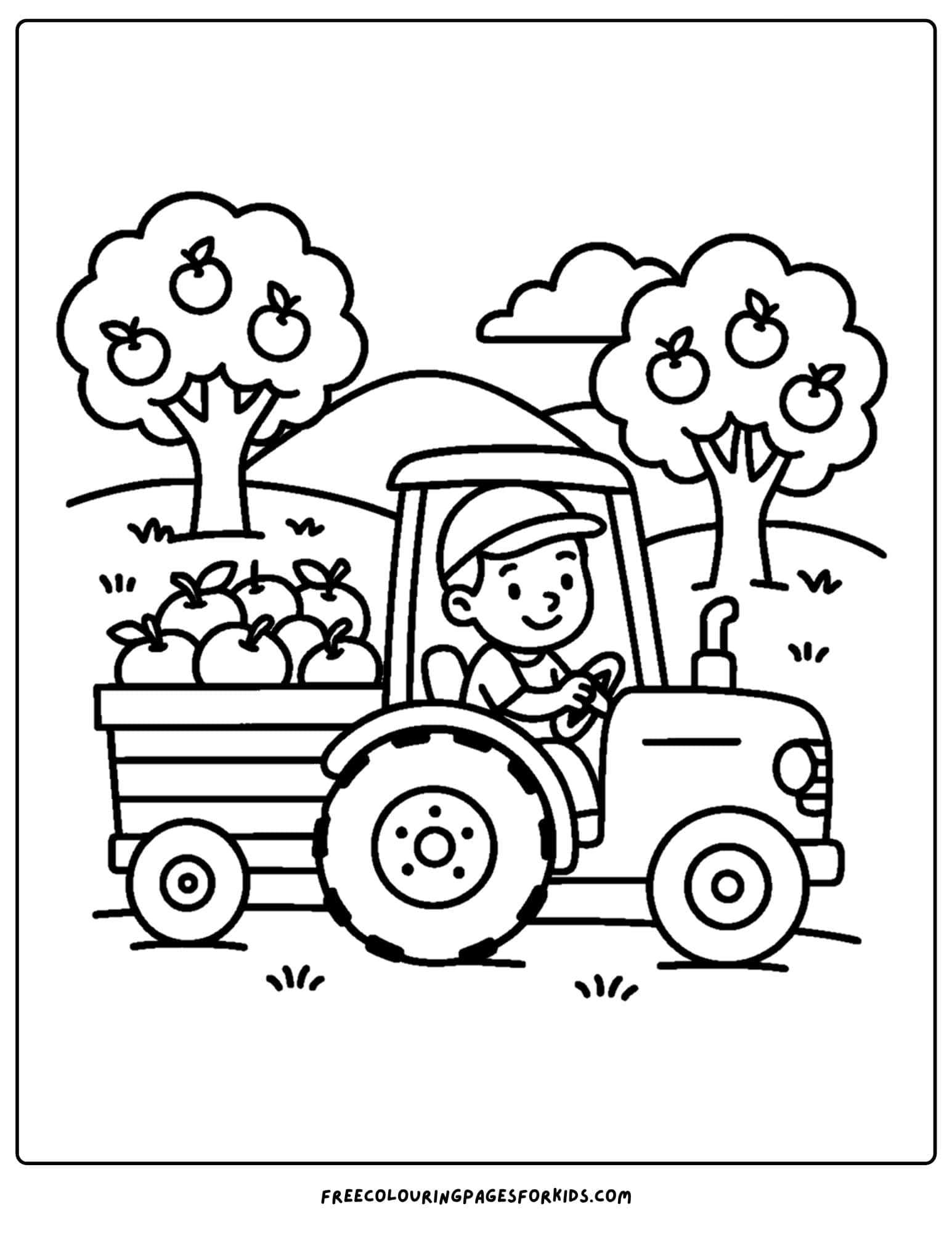 an orchard themed coloring page featuring a tractor hauling a load of apples