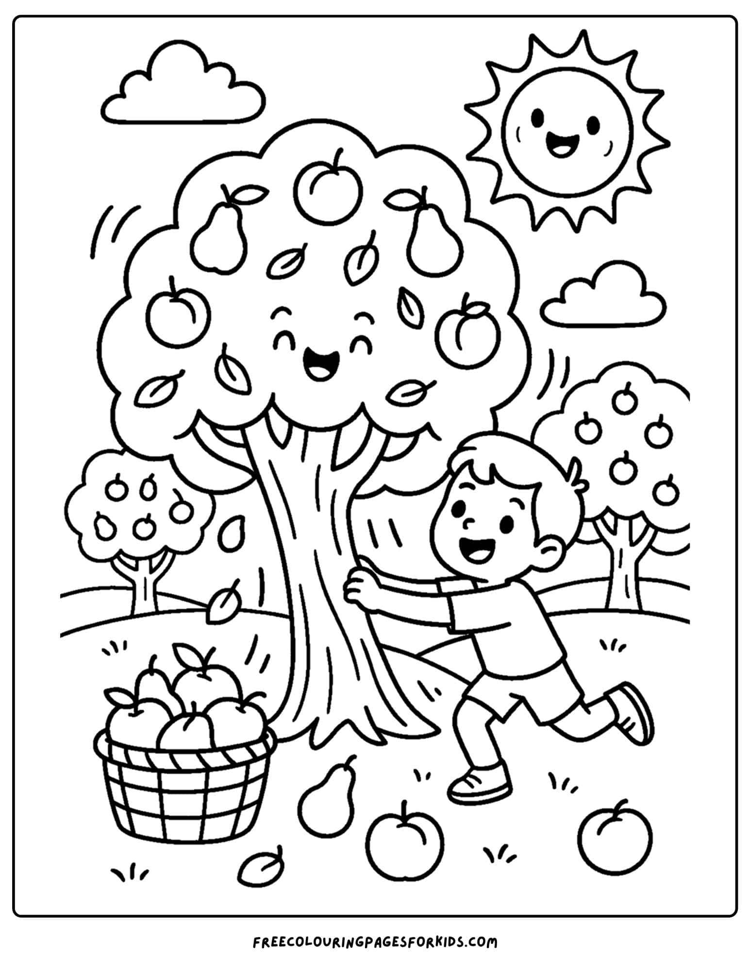 an orchard themed coloring page featuring a child shaking a tree to make fruit fall down