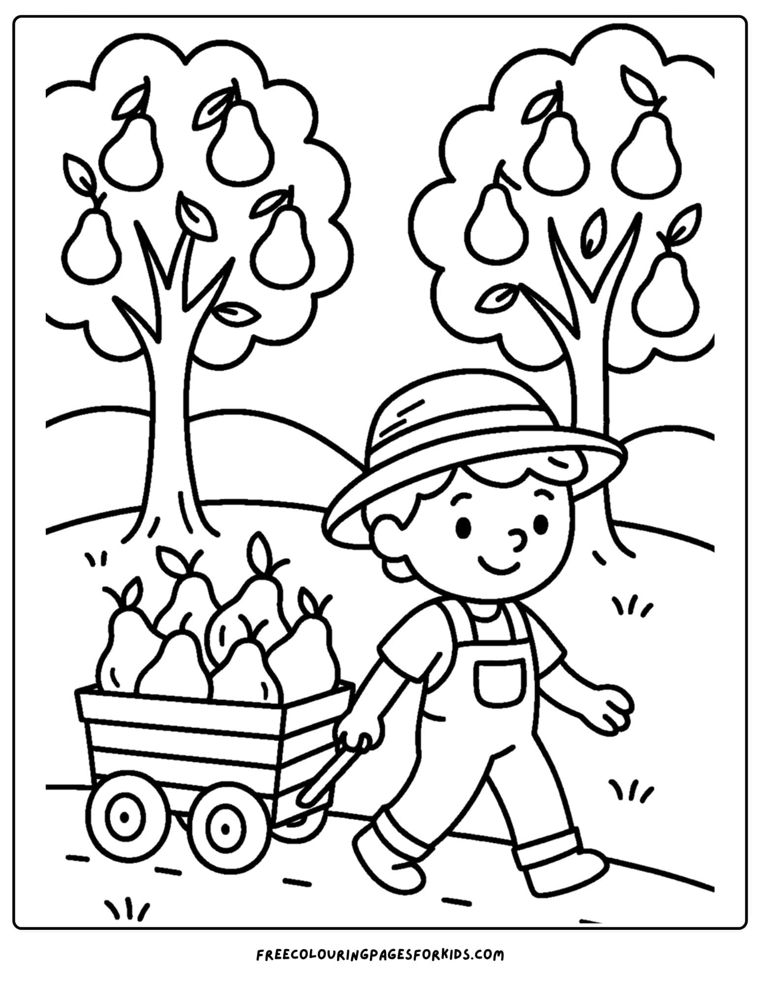 an orchard themed coloring page featuring a worker pulling a wagon full of pears past some pear trees
