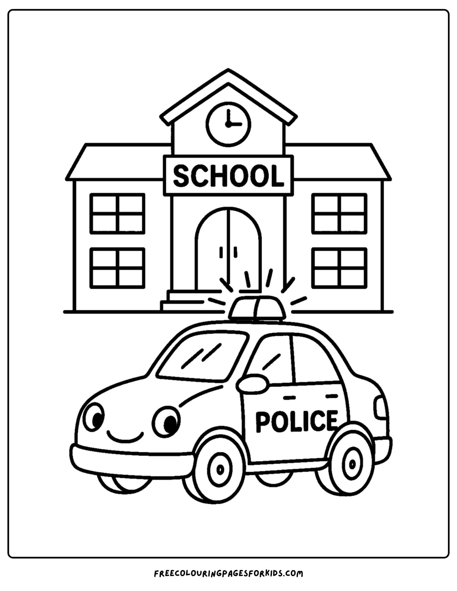 a coloring page of a police car visiting a school