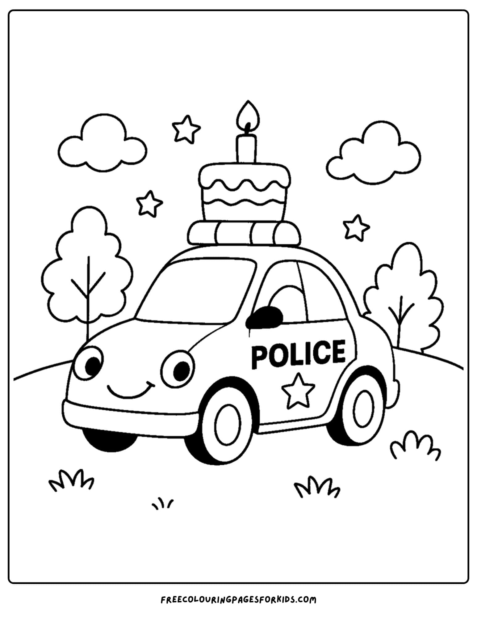 a coloring page of a police car with a cake on the roof