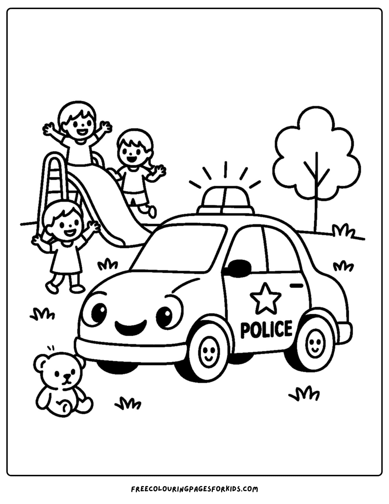 a coloring page of a police car at a playground with kids