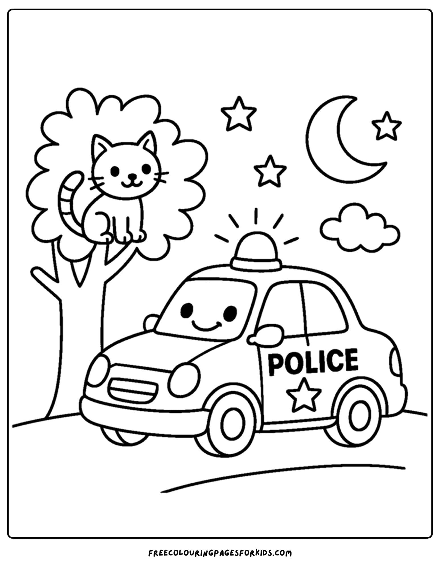a coloring page of a police car rescuing a cat from a tree