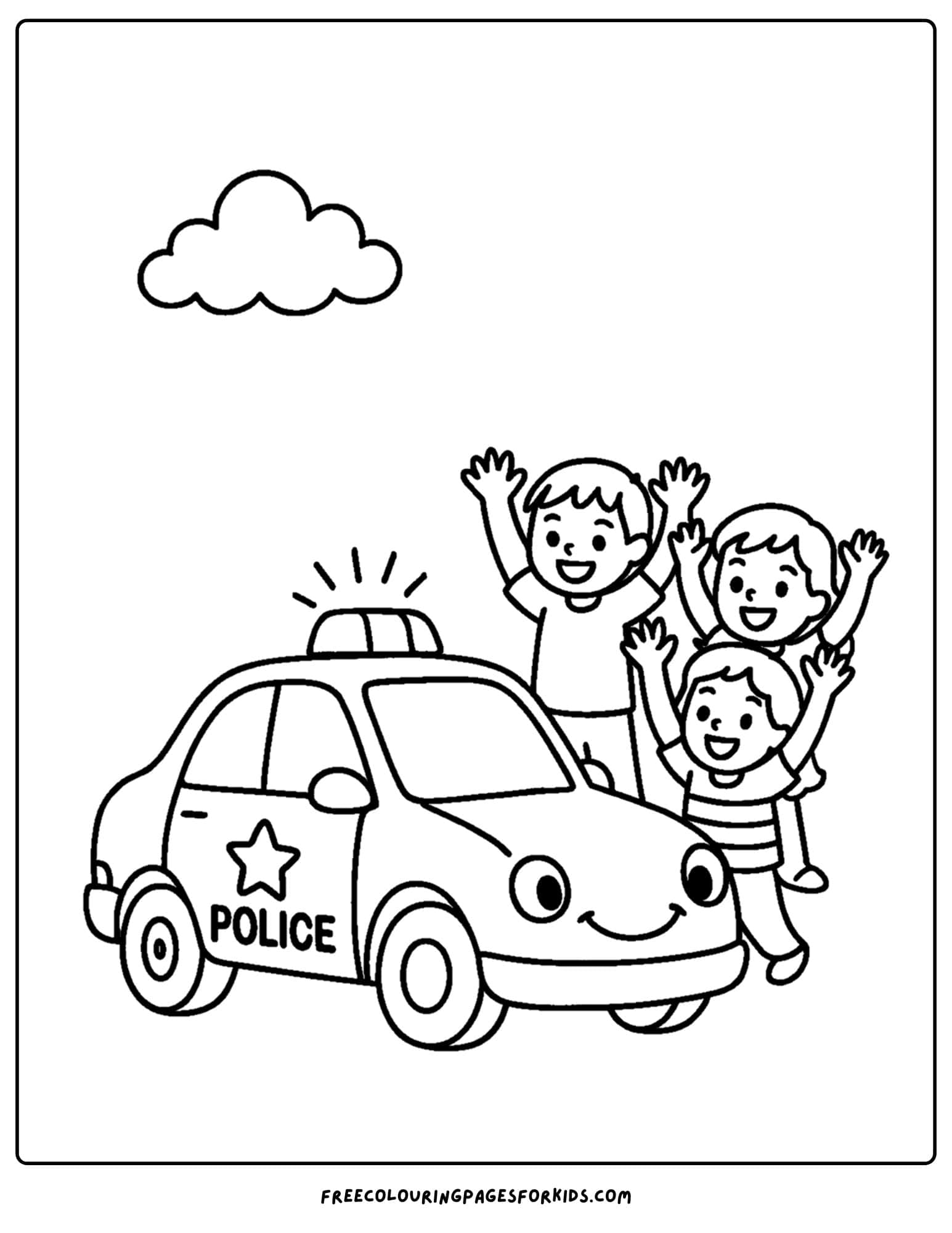 a coloring page of a police car driving past cheering kids