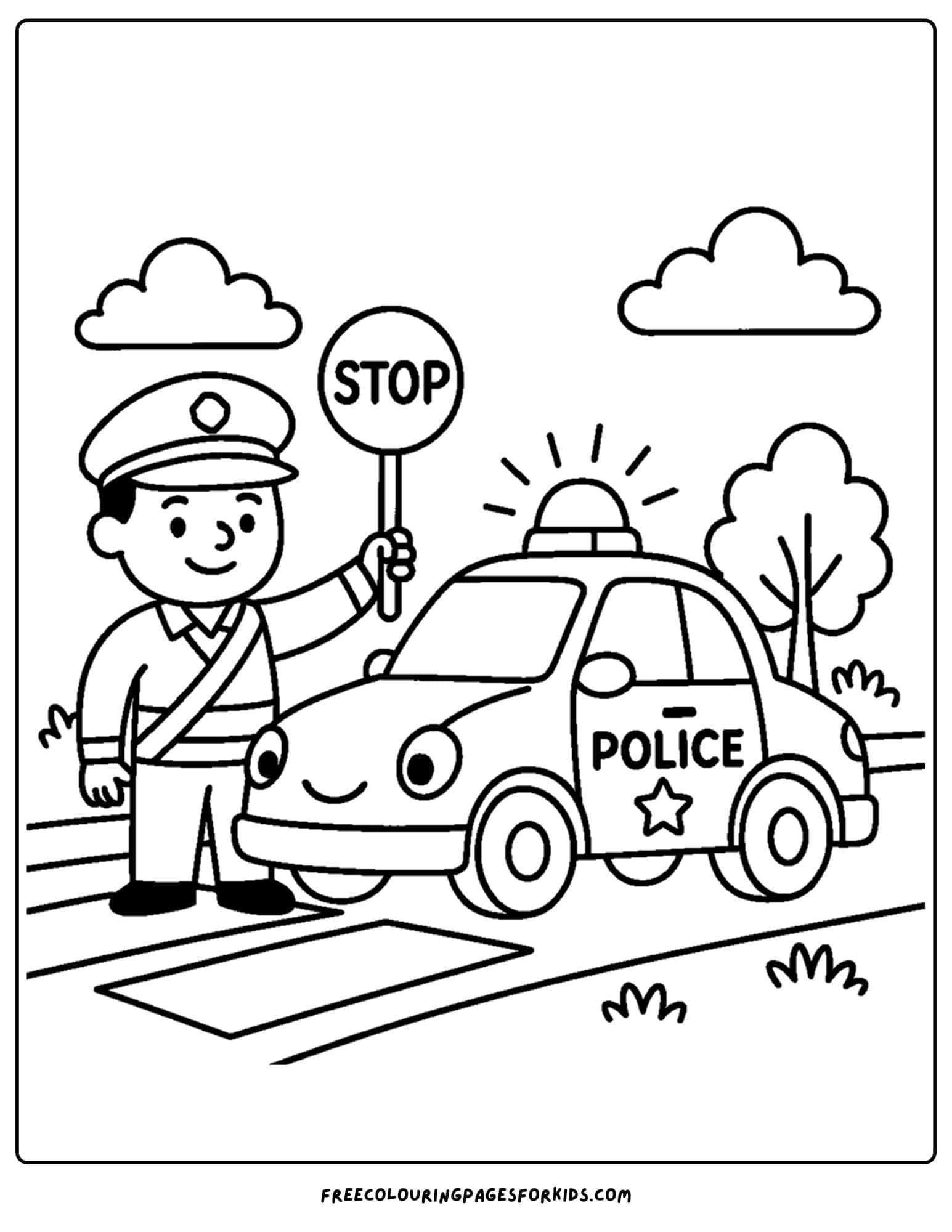 a coloring page of a police car and a cross guard