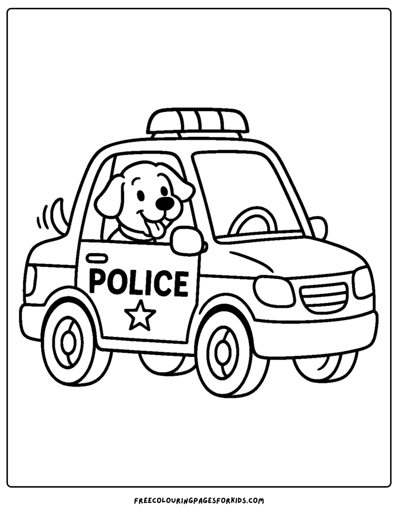 a coloring page of a police car being driven by a dog