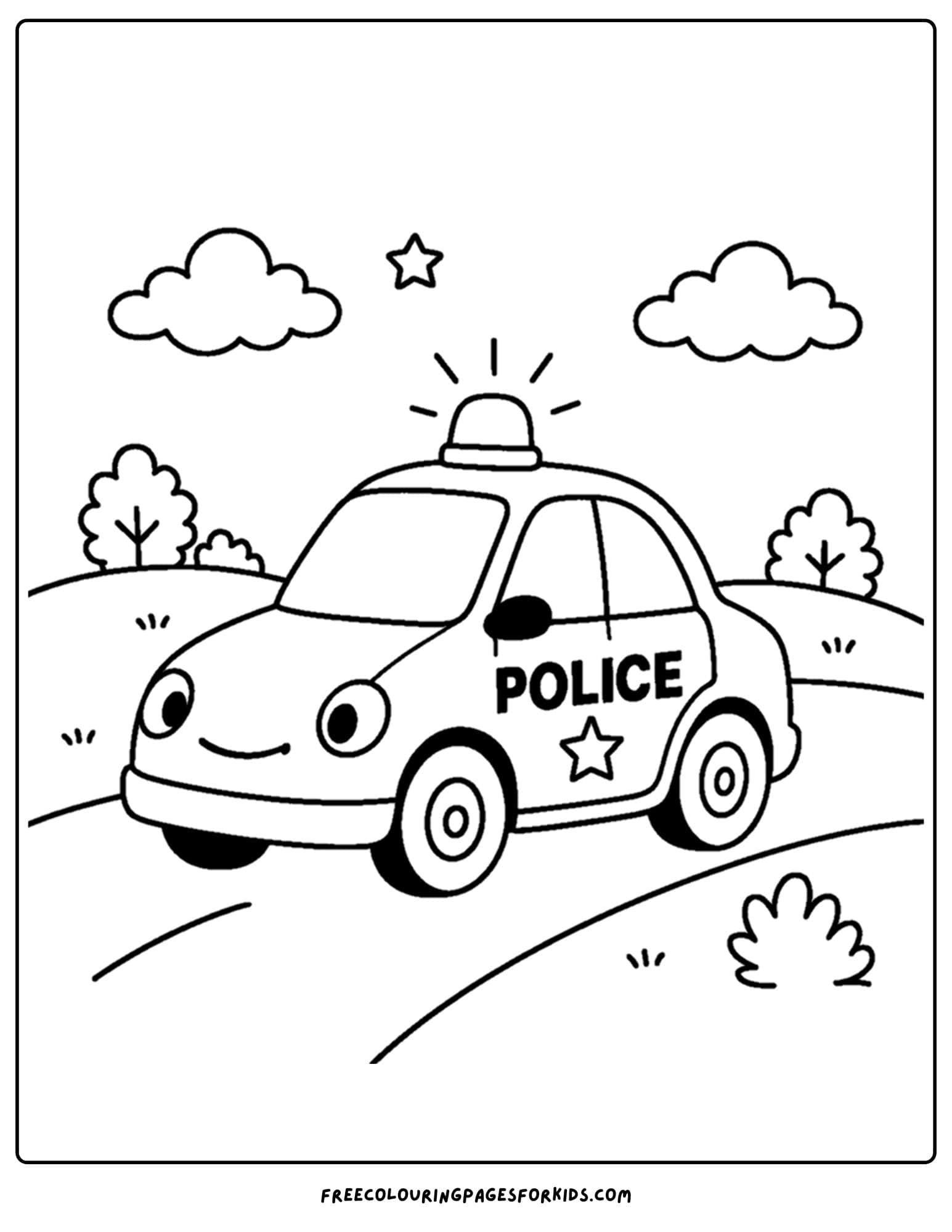 a coloring page of a police car driving in the countryside