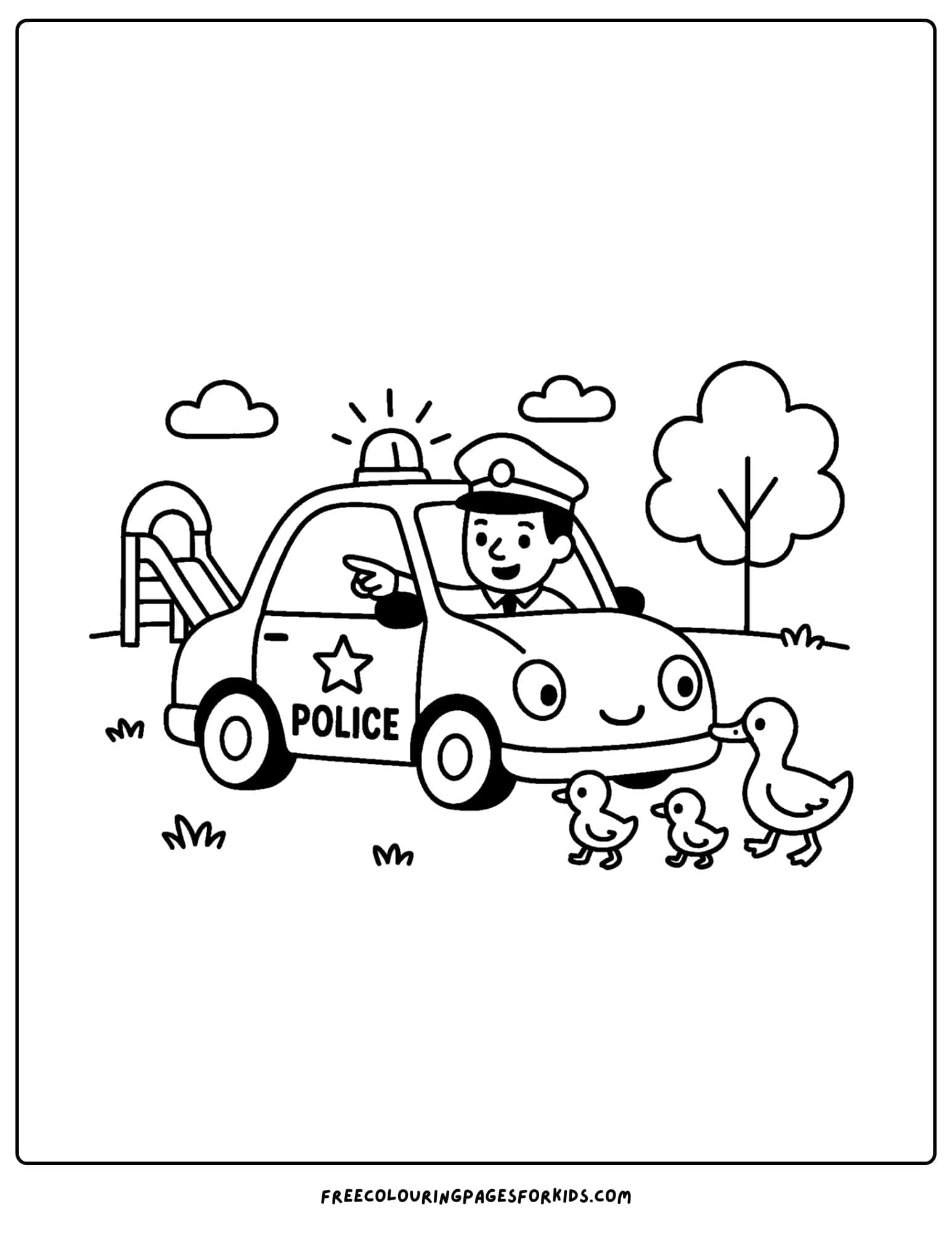 a coloring page of a police car watching a duck family