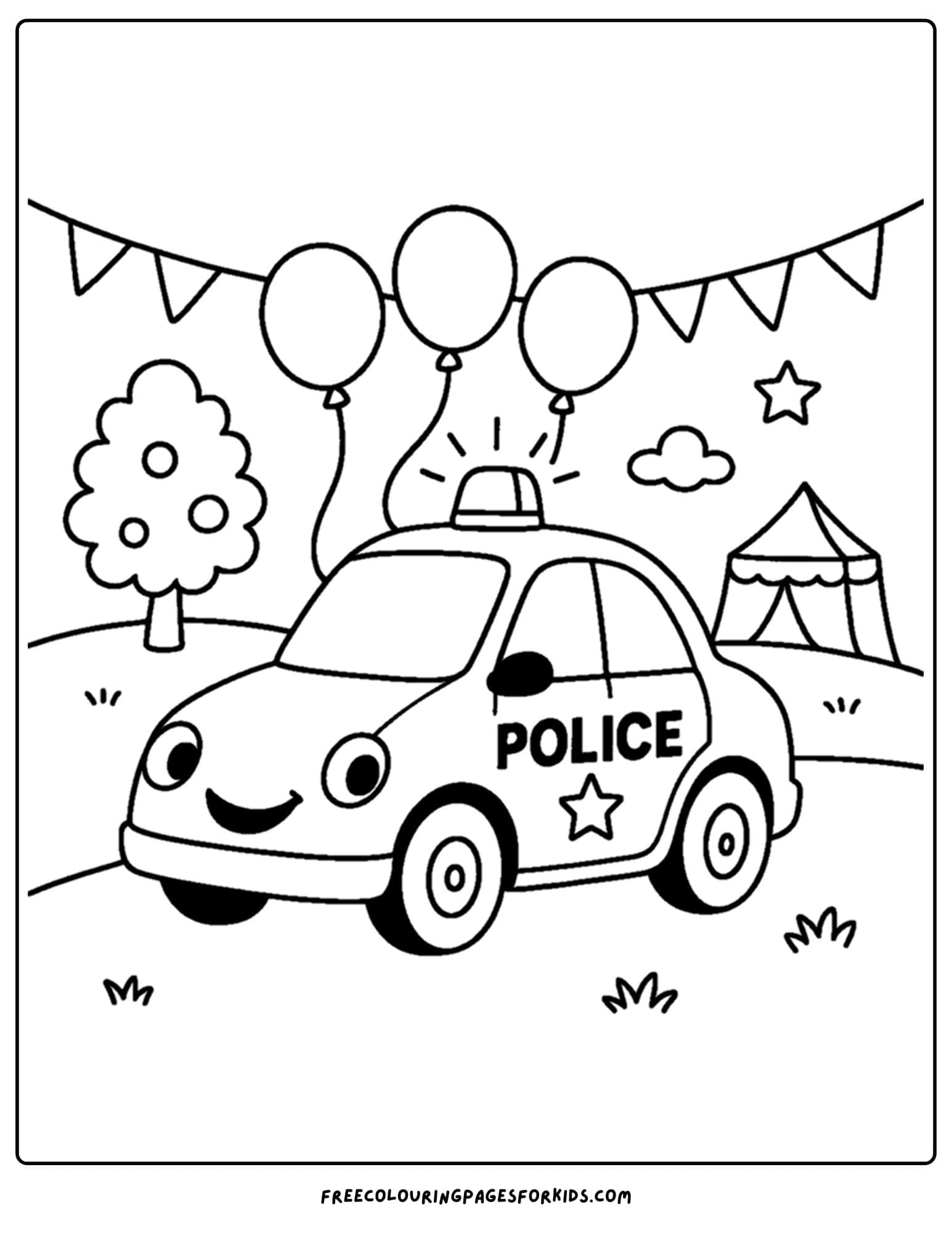a coloring page of a police car at a fair
