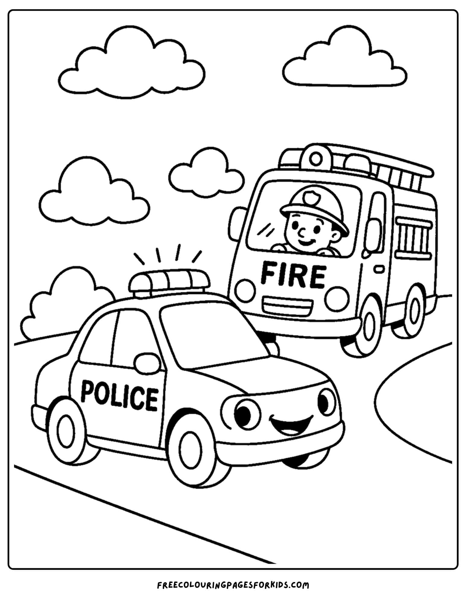 a coloring page of a police car and fire truck going to help someone