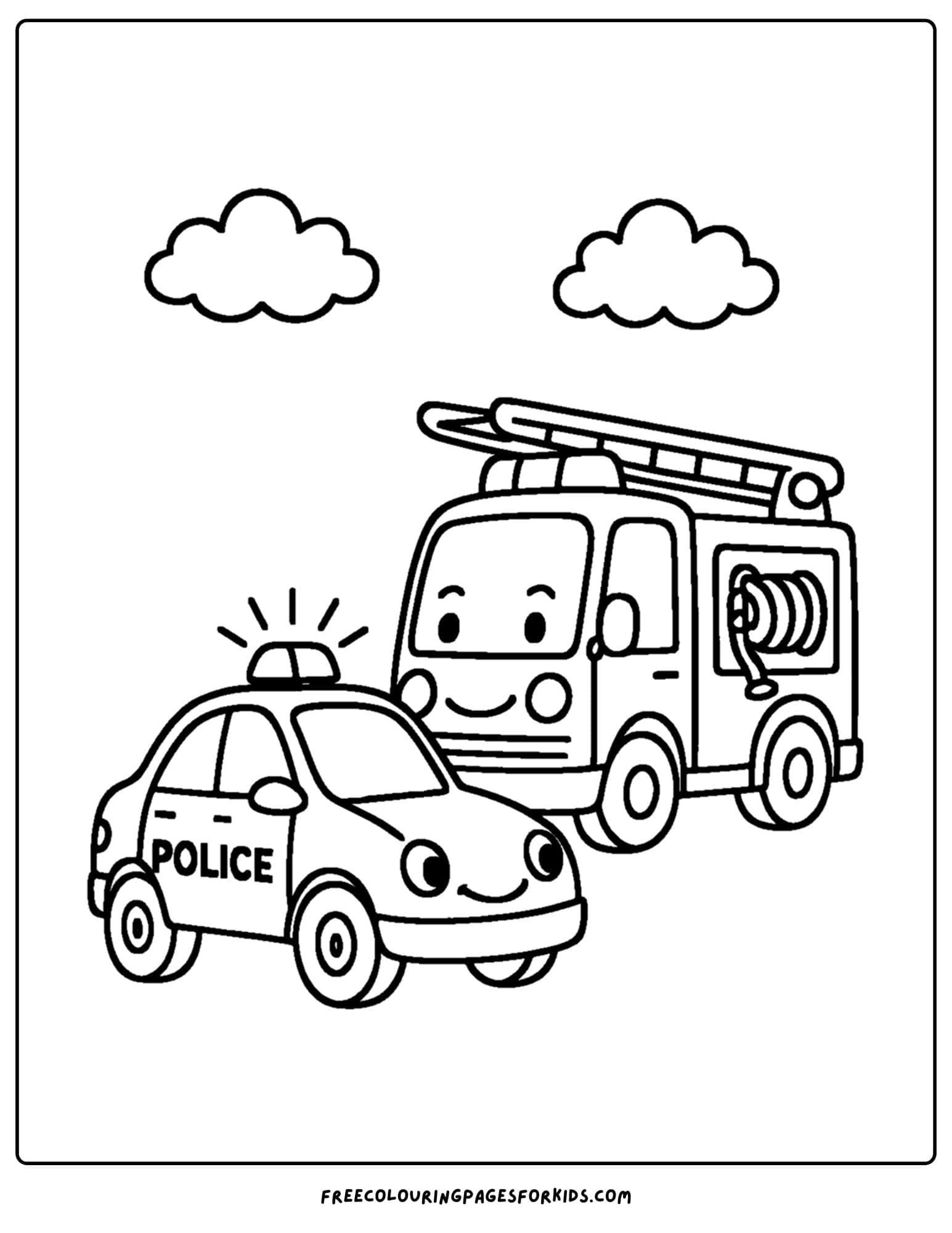 a coloring page of a police car and a fire truck