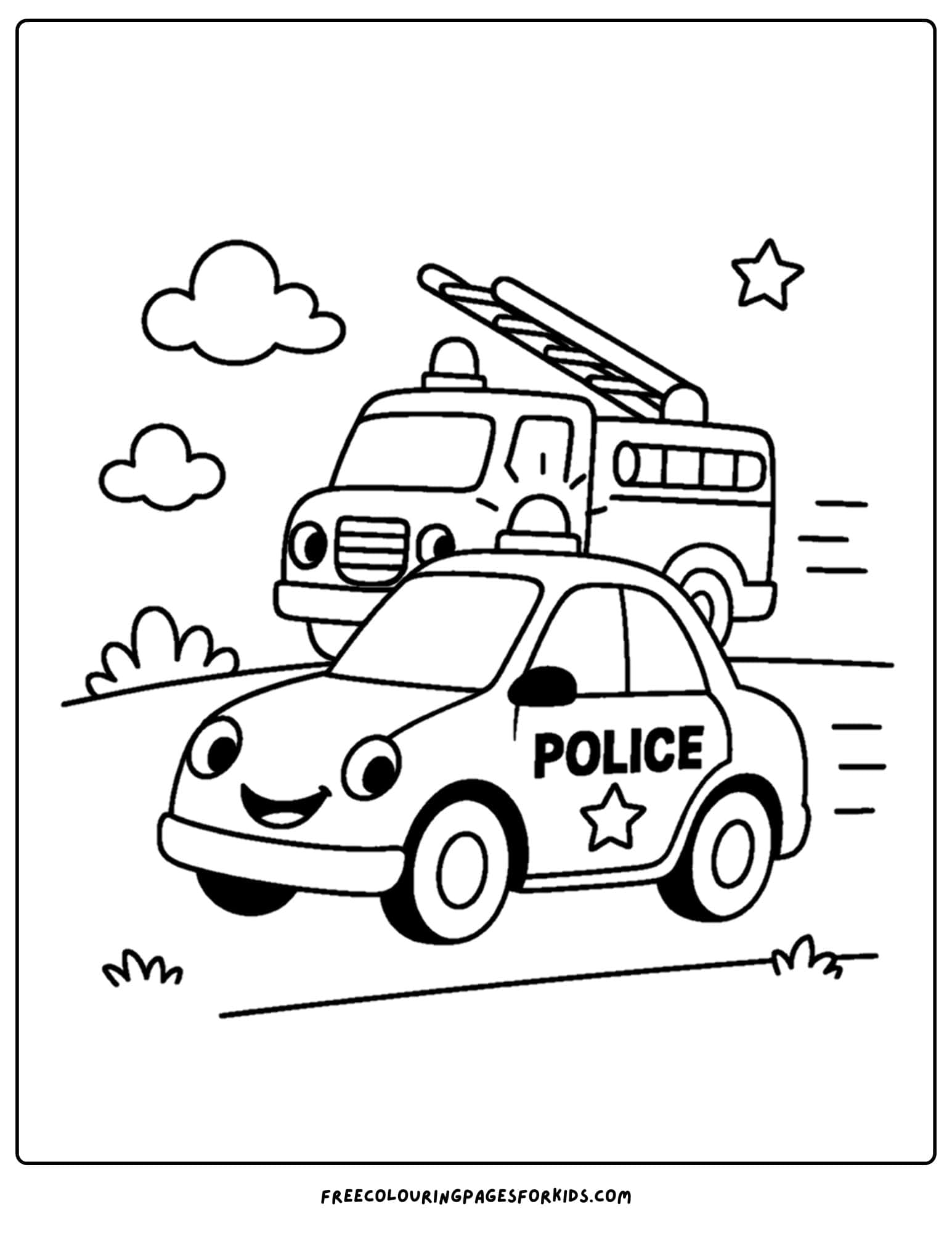a coloring page of a police car and a fire truck racing to a rescue