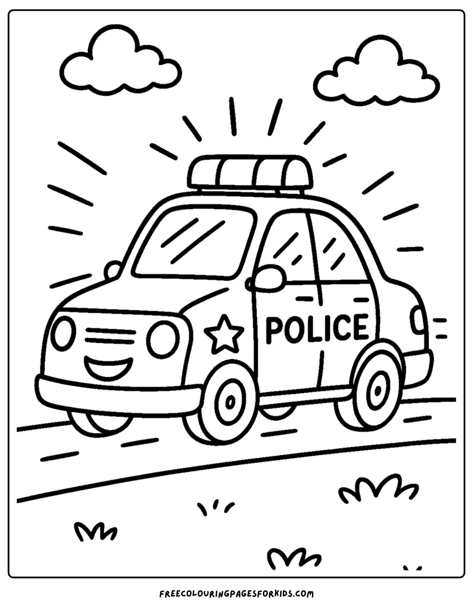 a coloring page of a  police car flashing its lights