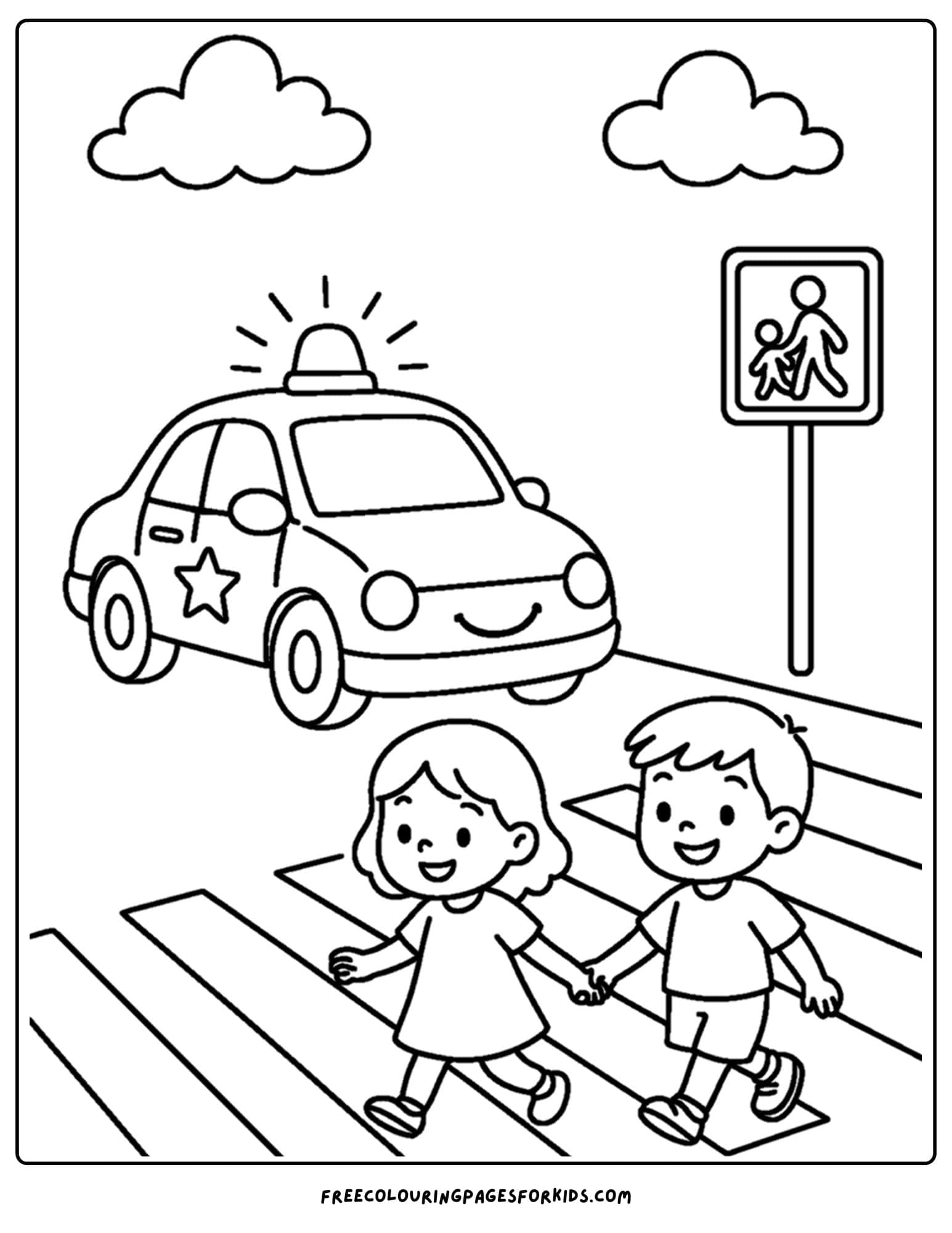 a coloring page of a police car watching kids cross the road