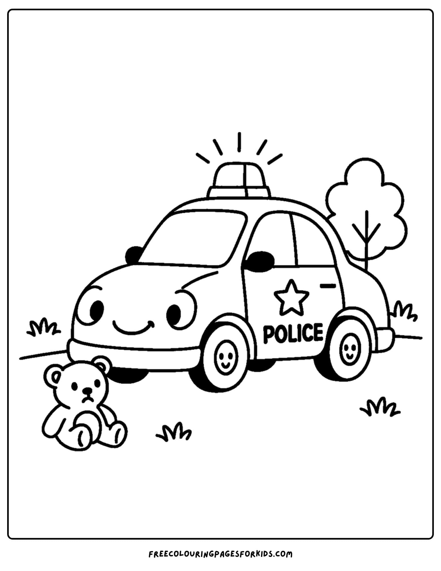 a coloring page of a police car finding a lost teddy bear