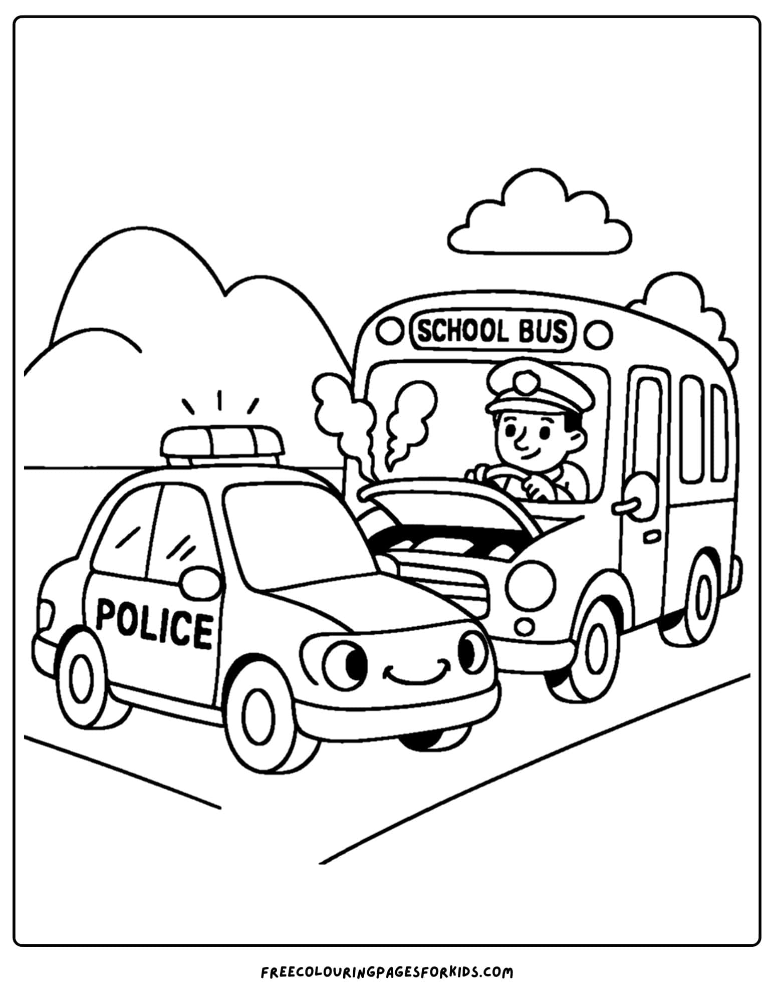 a coloring page of a police car helping a school bus that had broken down