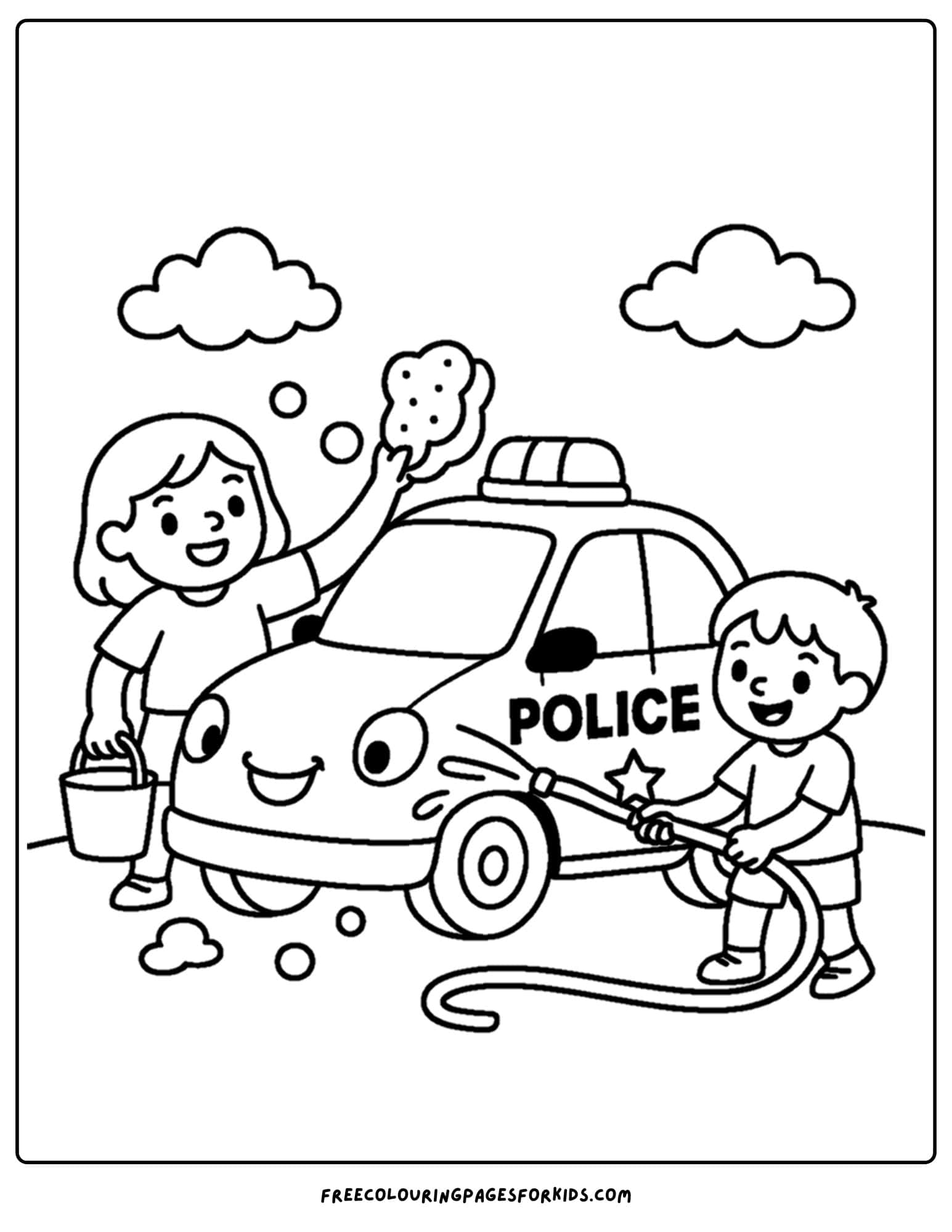 a coloring page of a police car getting washed by kids