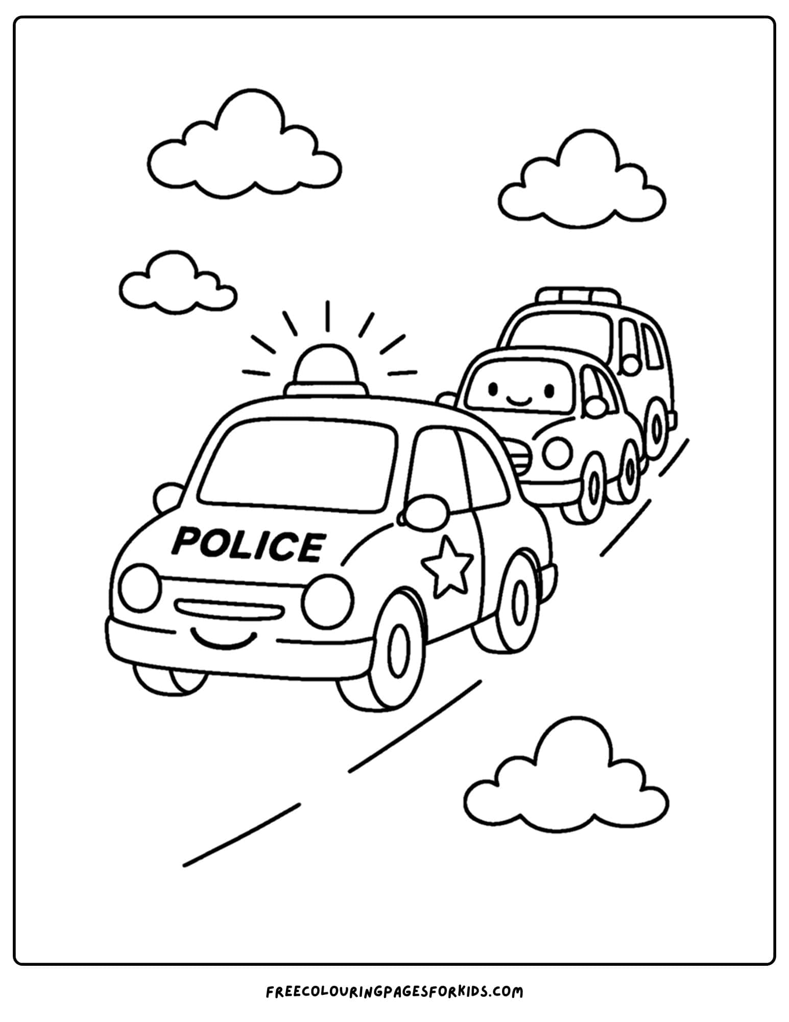 a coloring page of a police car leading a safety convoy