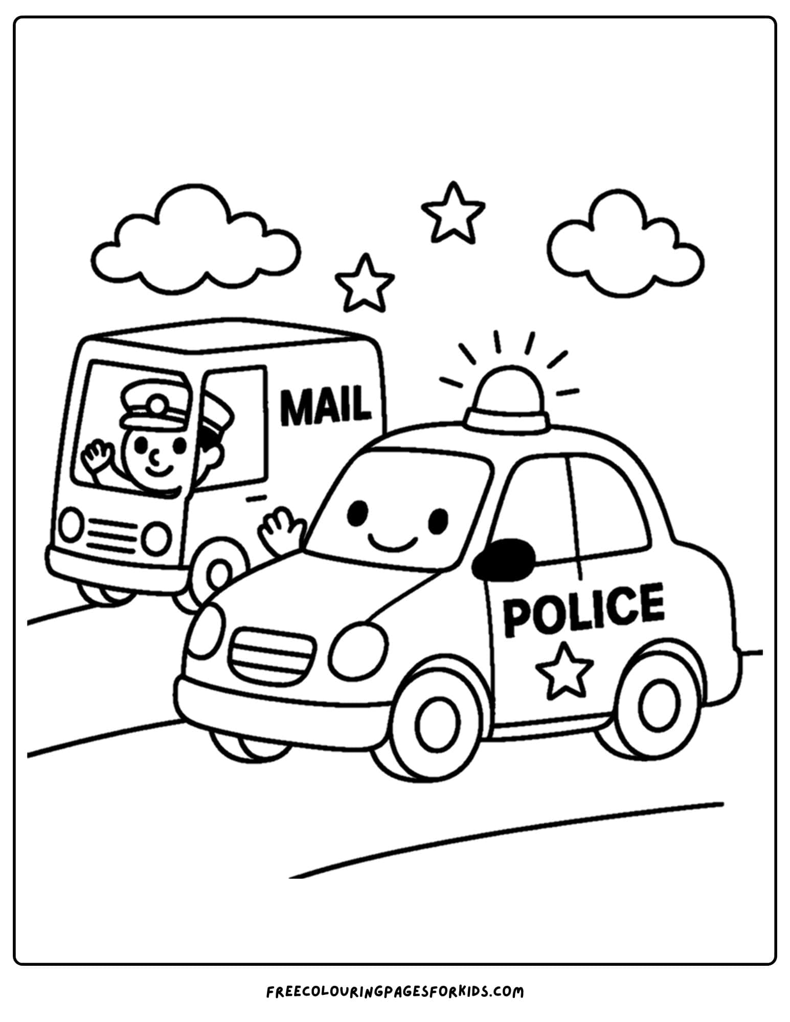 a coloring page of a police car and a mail van