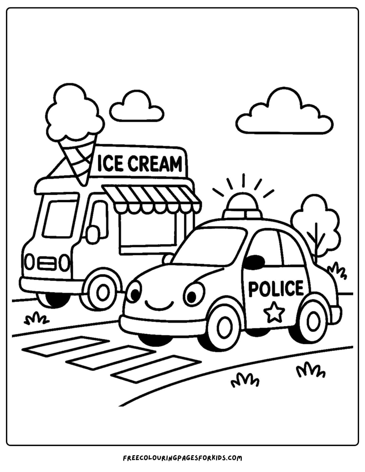 a coloring page of a police car and an ice cream van