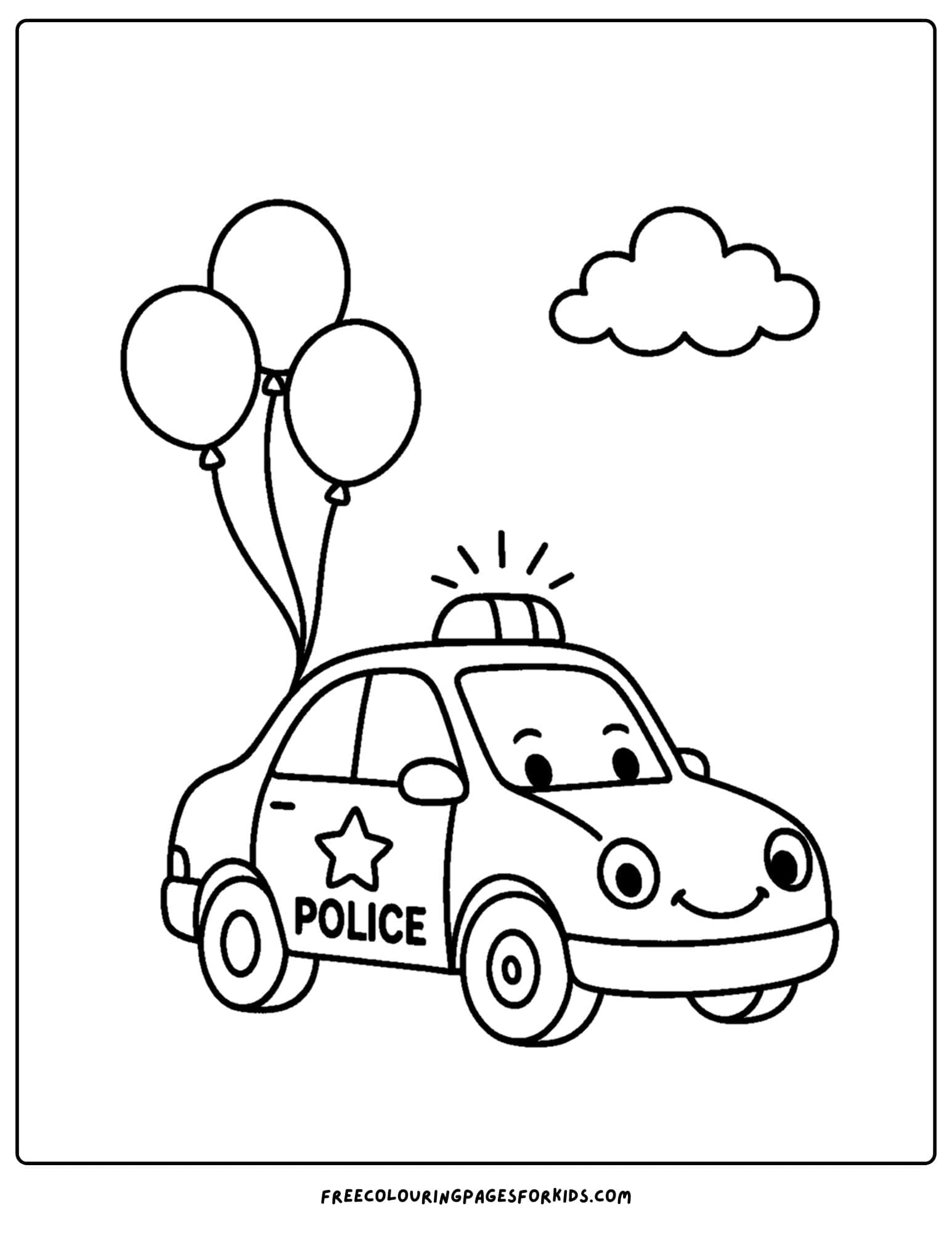 a coloring page of a police car with balloons attached to it