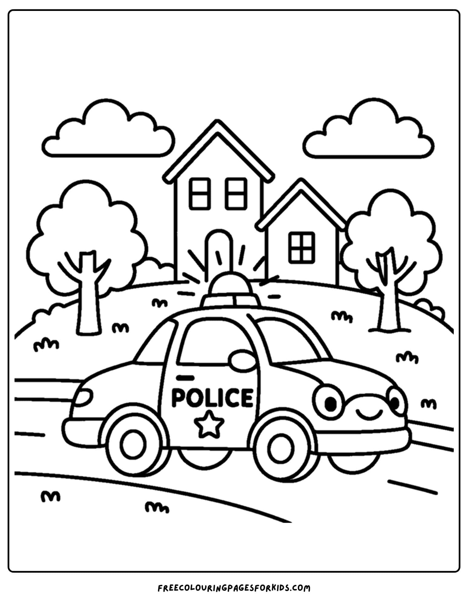 a coloring page of a police car patrolling the neighbourhood