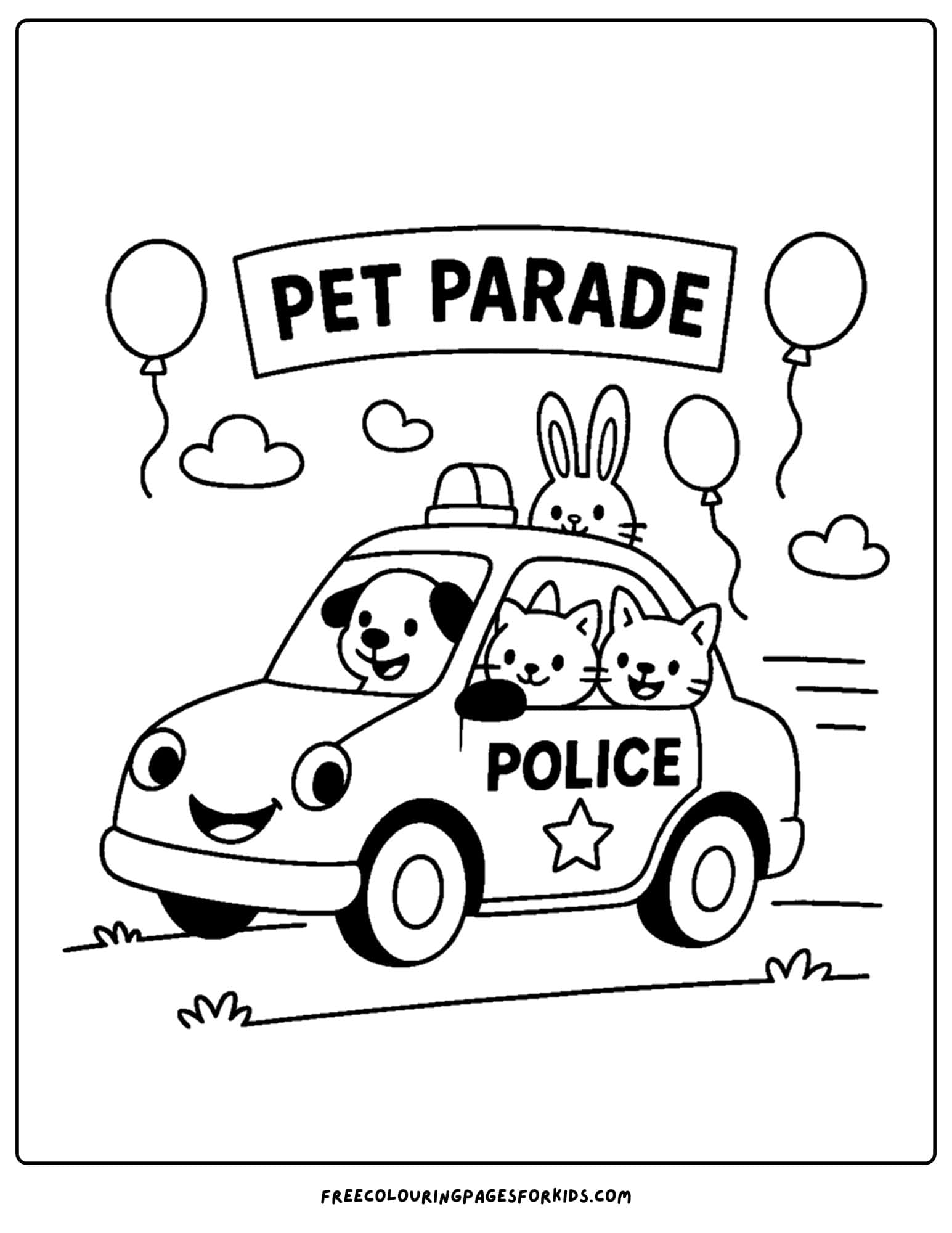 a coloring page of a police car in a pet parade