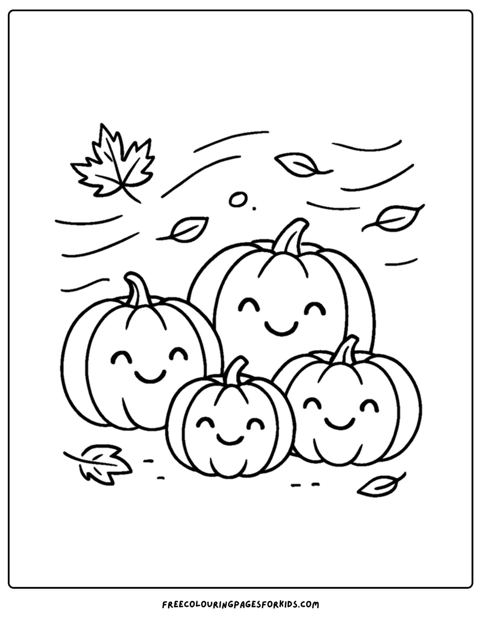 a pumpkin coloring page of pumpkins sitting amongst fall leaves