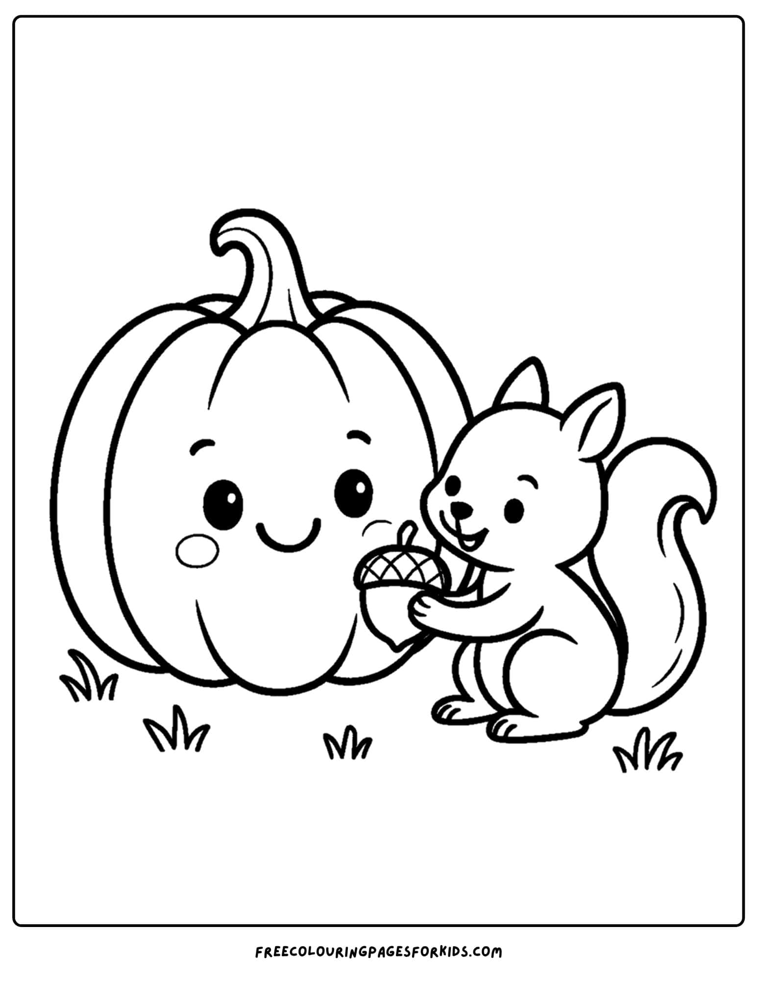 a pumpkin coloring page of a pumpkin and a squirrel