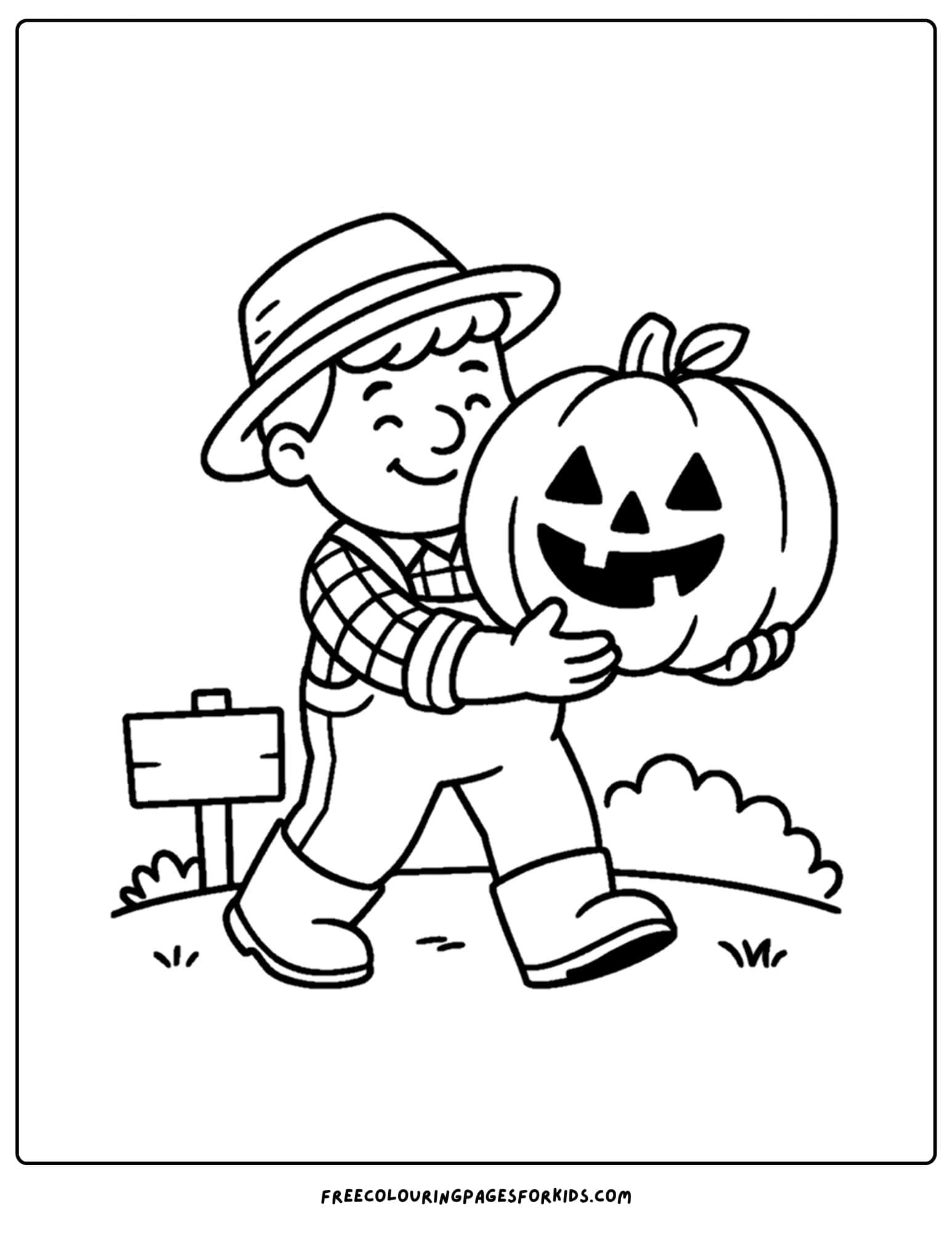 a pumpkin coloring page of a pumpkin being carried by a farmer