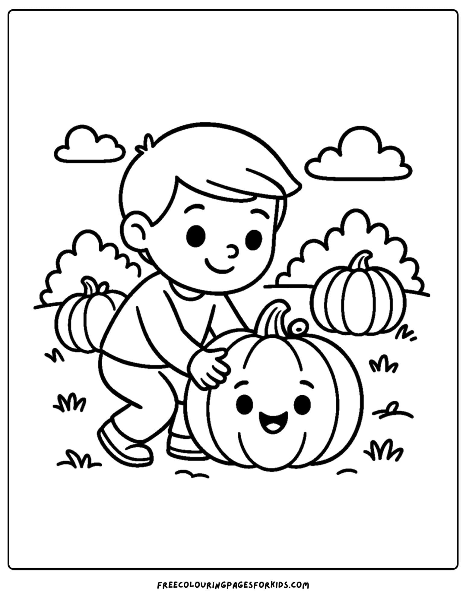 a pumpkin coloring page of a pumpkin being picked up by a child