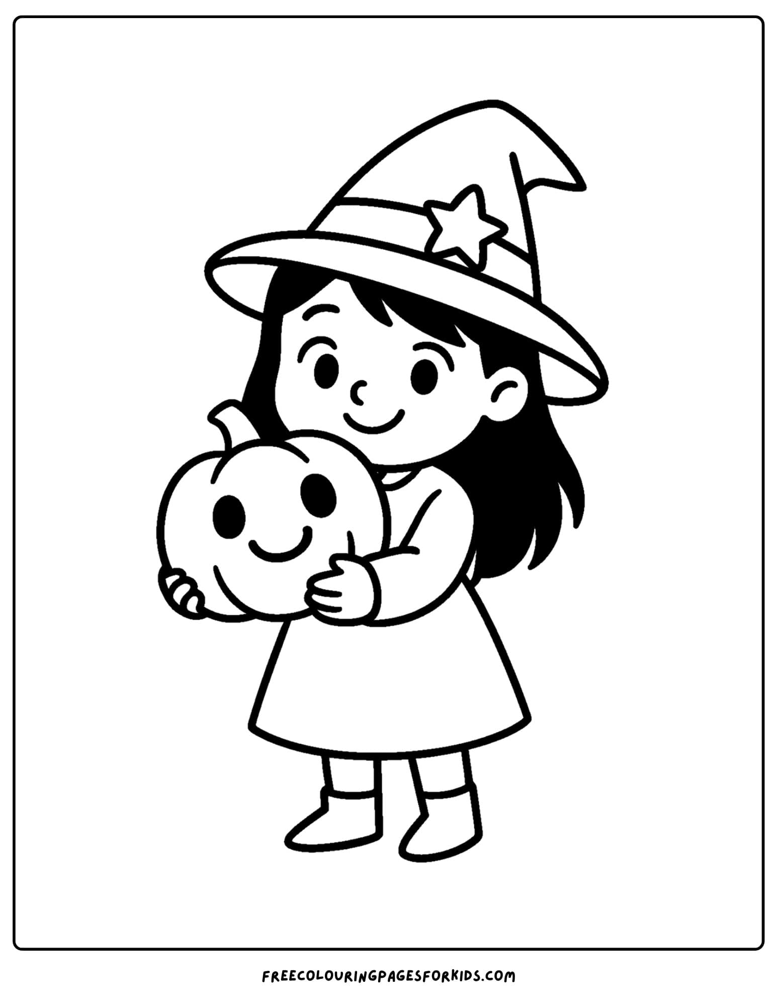 a pumpkin coloring page of a pumpkin being held by a witch