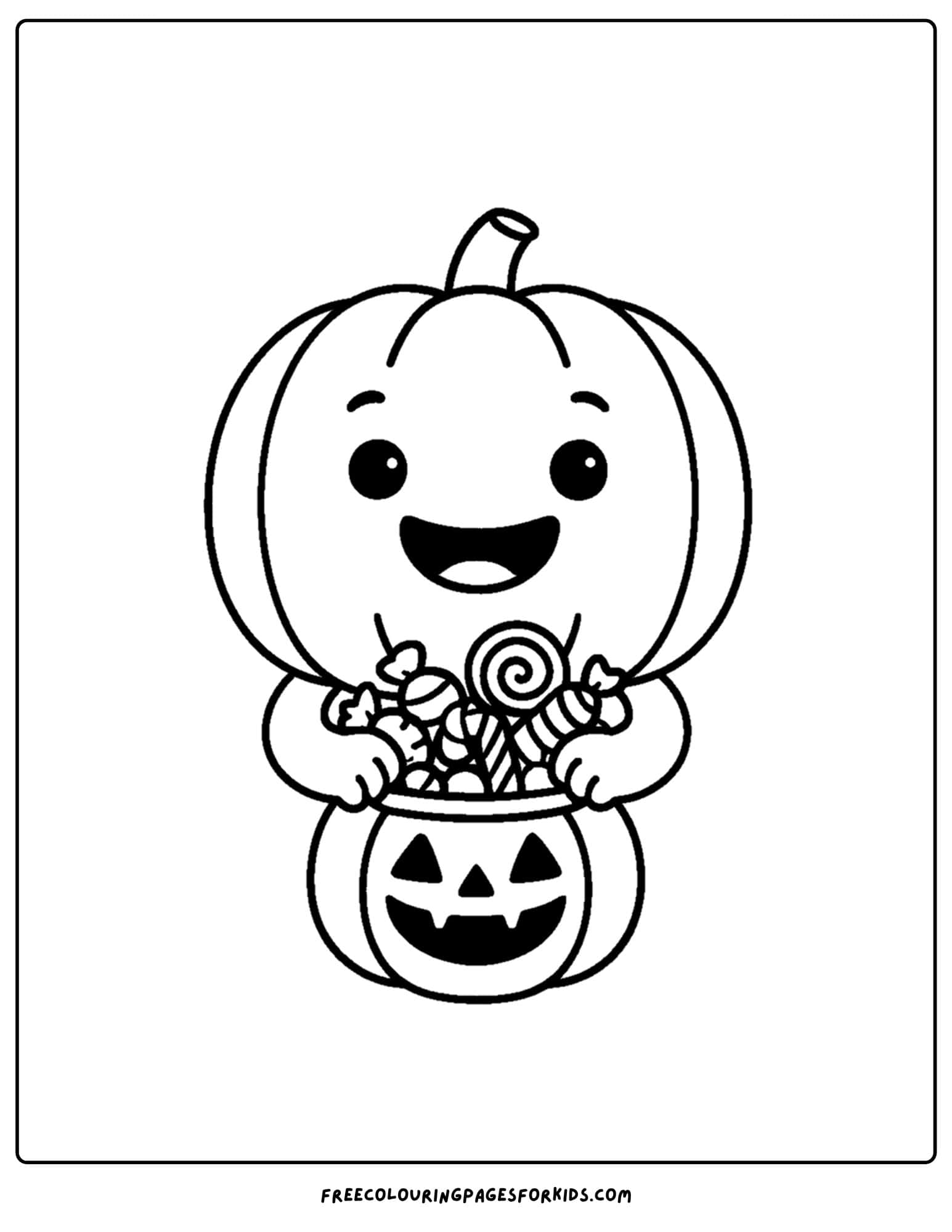 a pumpkin coloring page of a pumpkin with a halloween candy bucket