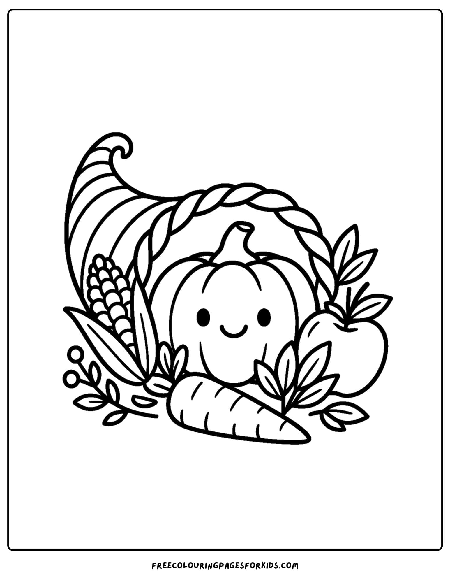 a pumpkin coloring page of a pumpkin in a cornucopia