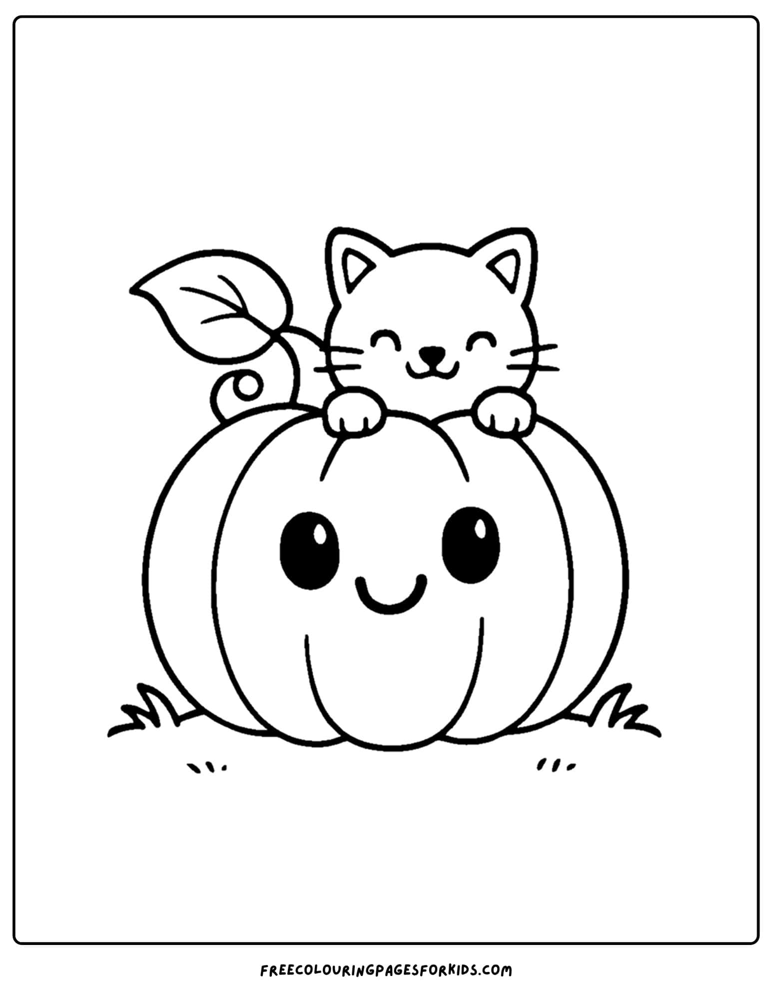 a pumpkin coloring page of a pumpkin with a kitten behind it
