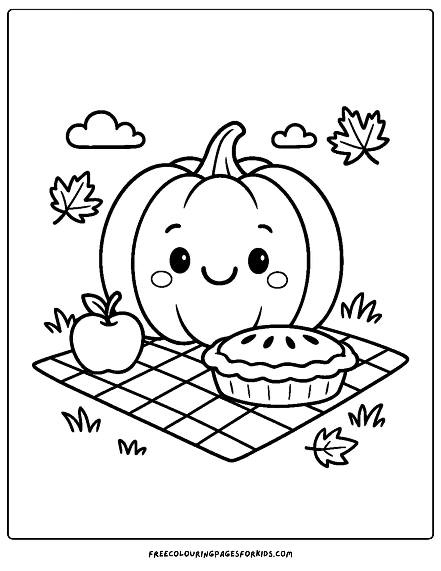 a pumpkin coloring page of a pumpkin sitting on a picnic blanket