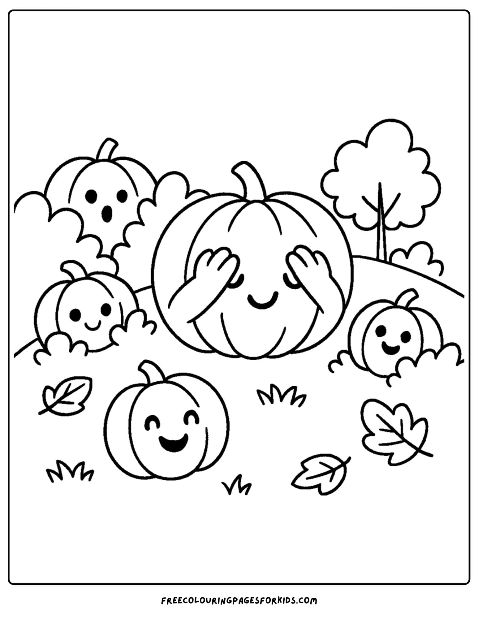 a pumpkin coloring page of pumpkins playing hide and seek
