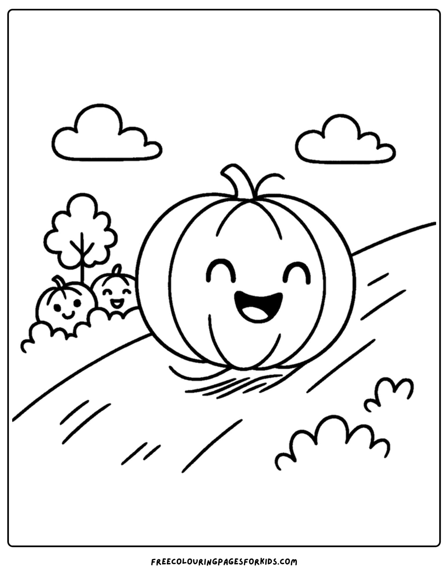 a pumpkin coloring page of a pumpkin rolling down a hill