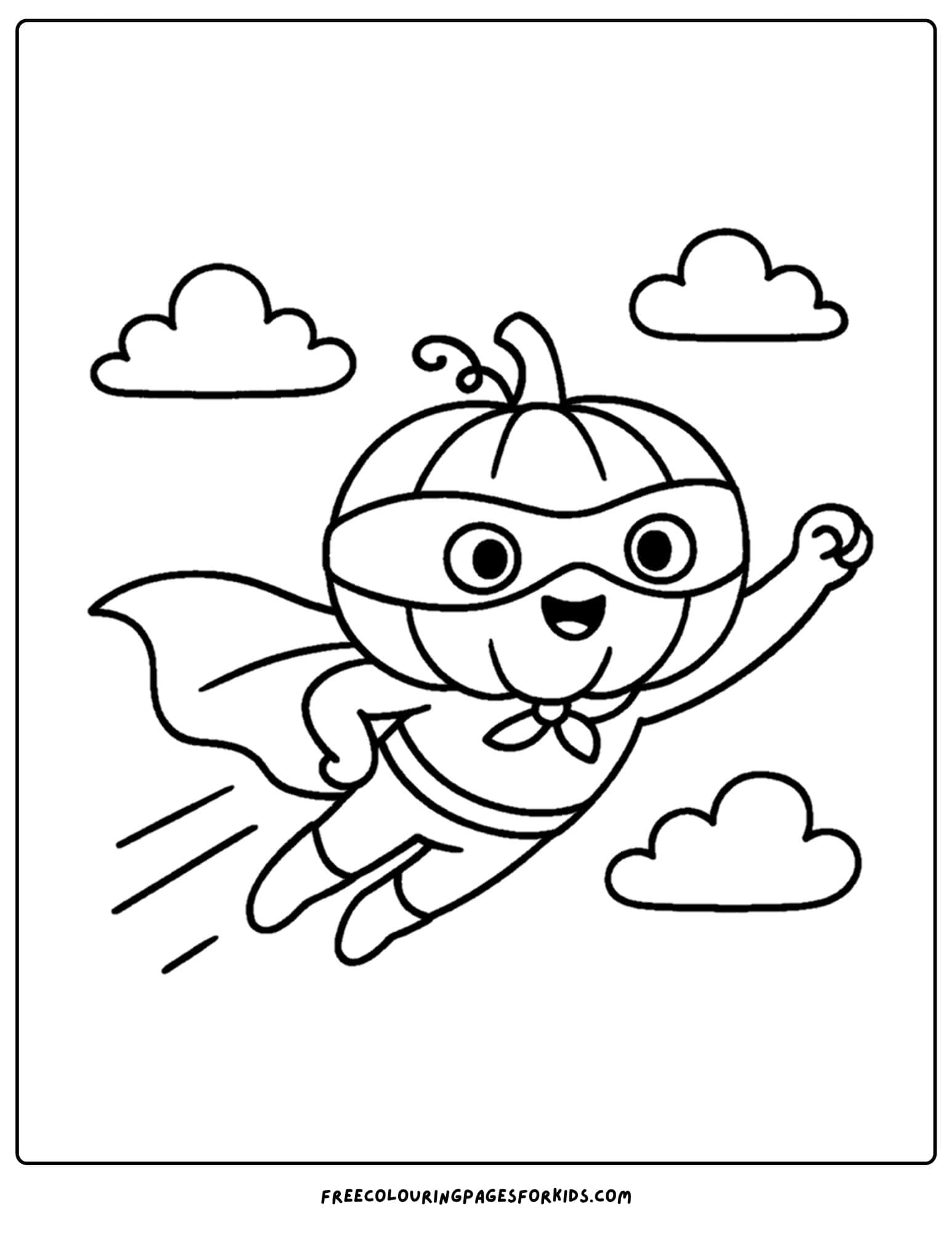 a pumpkin coloring page of a pumpkin as a superhero flying in the sky