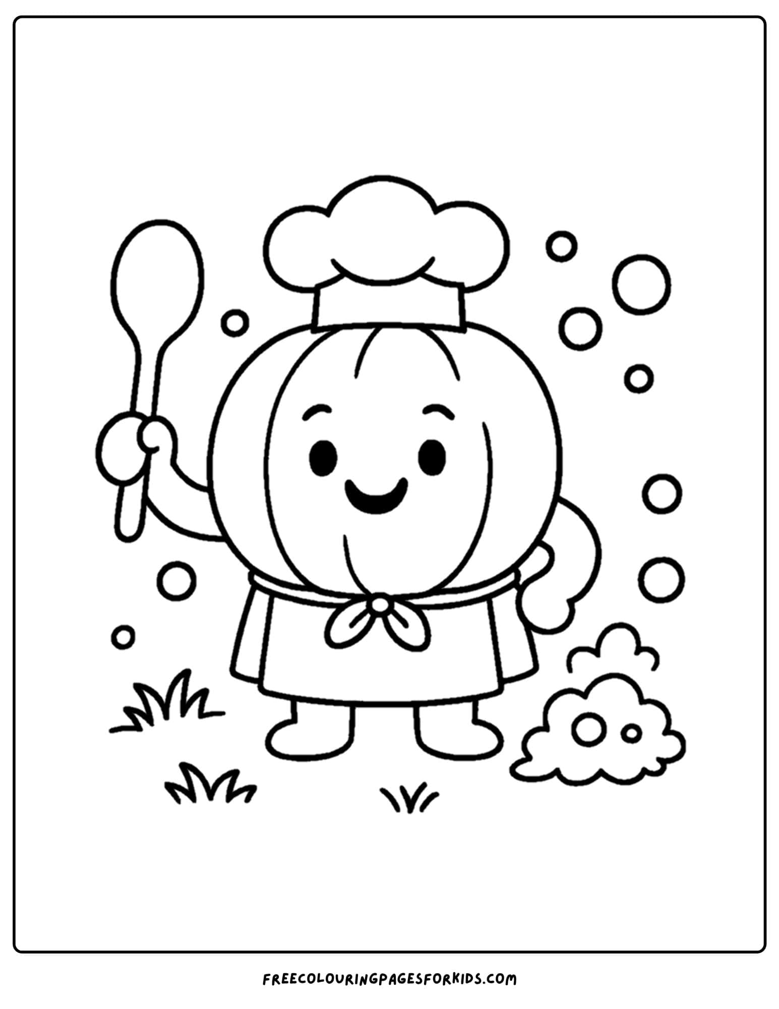 a pumpkin coloring page of a pumpkin dressed up as a chef