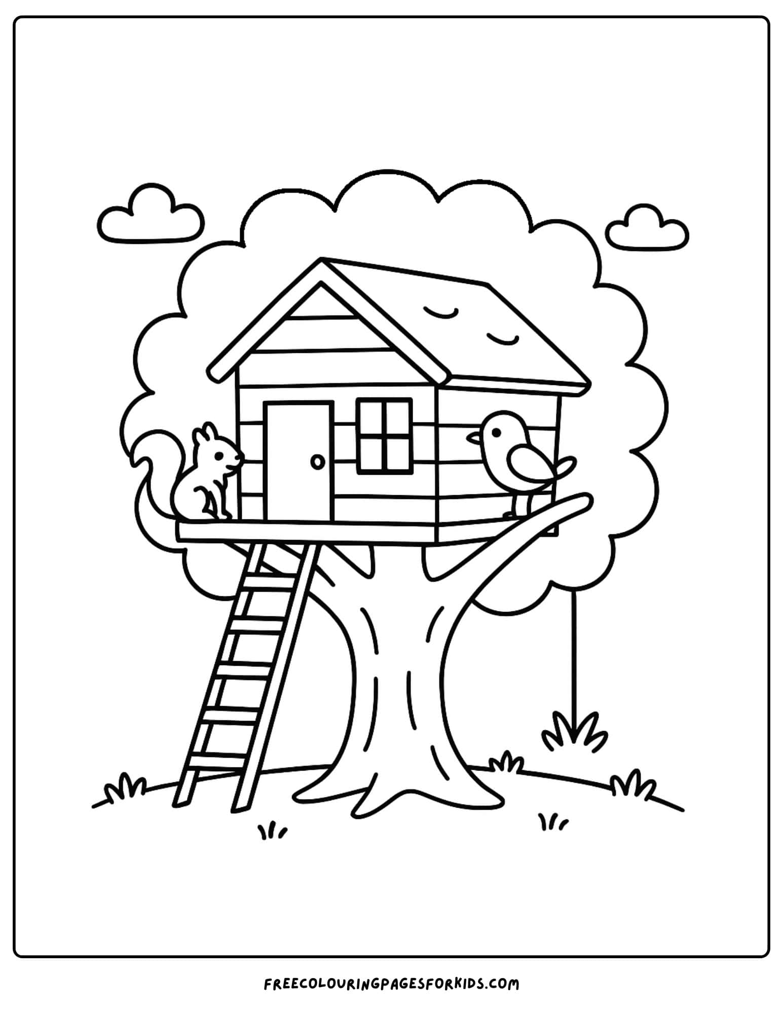 a tree house coloring page featuring a tree house with birds visiting it