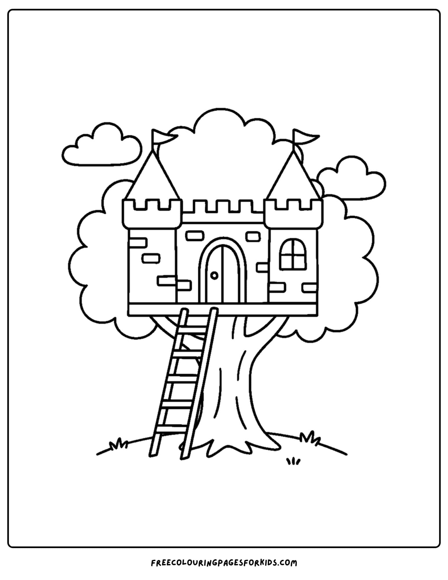 a tree house coloring page featuring a tree house shaped like a castle