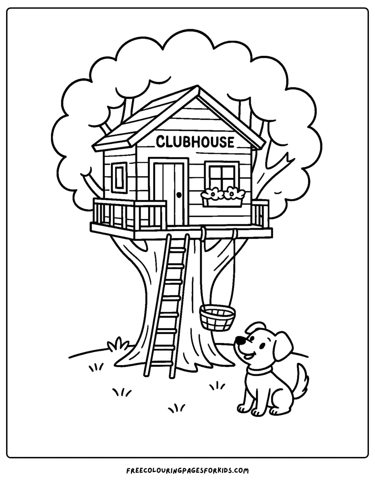 a tree house coloring page featuring a tree house with a dog sitting below it