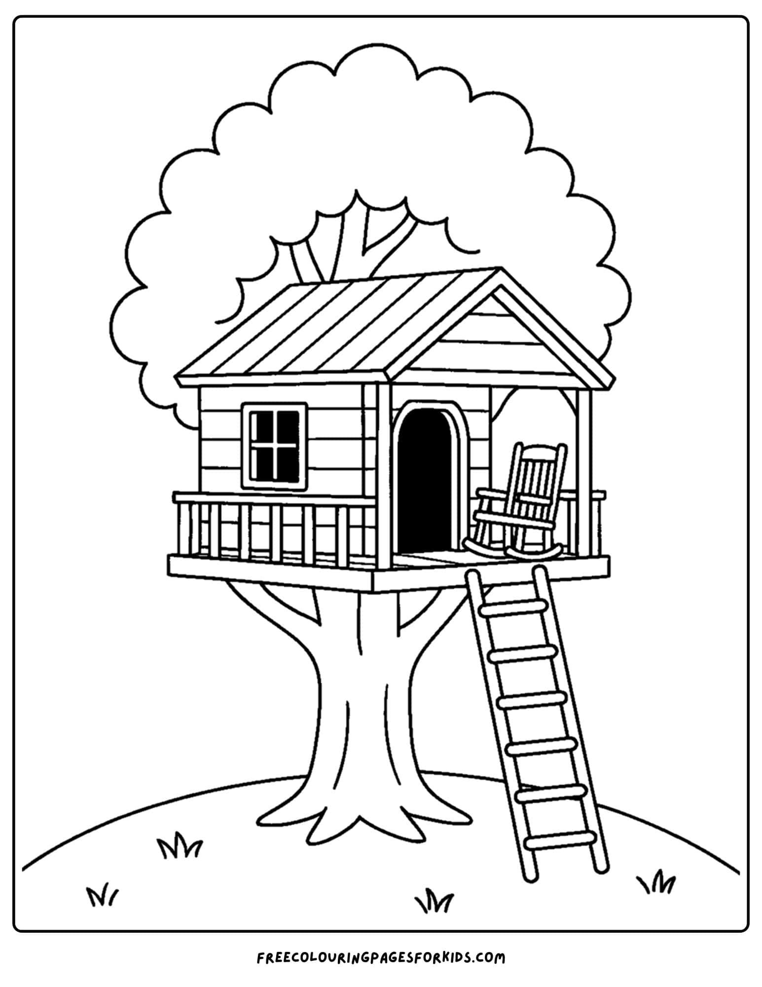 a tree house coloring page featuring a tree house with a cozy porch and chair